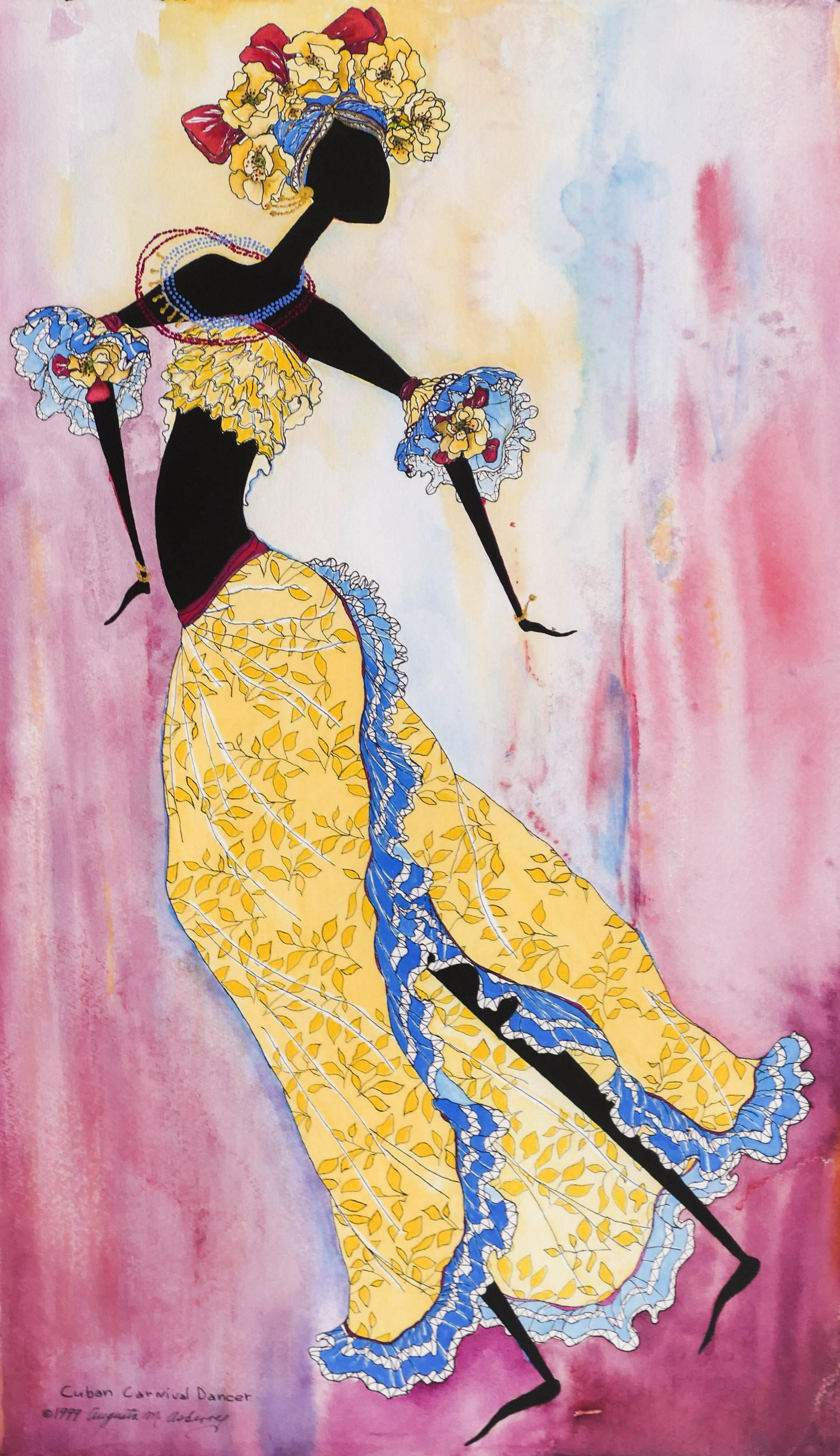 Augusta Asberry (1931-2007 American) ''Cuban Carnival: Augusta Asberry (1931-2007 American) ''Cuban Carnival Dancer'' 1999 Watercolor and Gouache on Paper 30''x19'' Image. Signed and titled l.l. Gallery framed 39''x28''. Excellent condition.