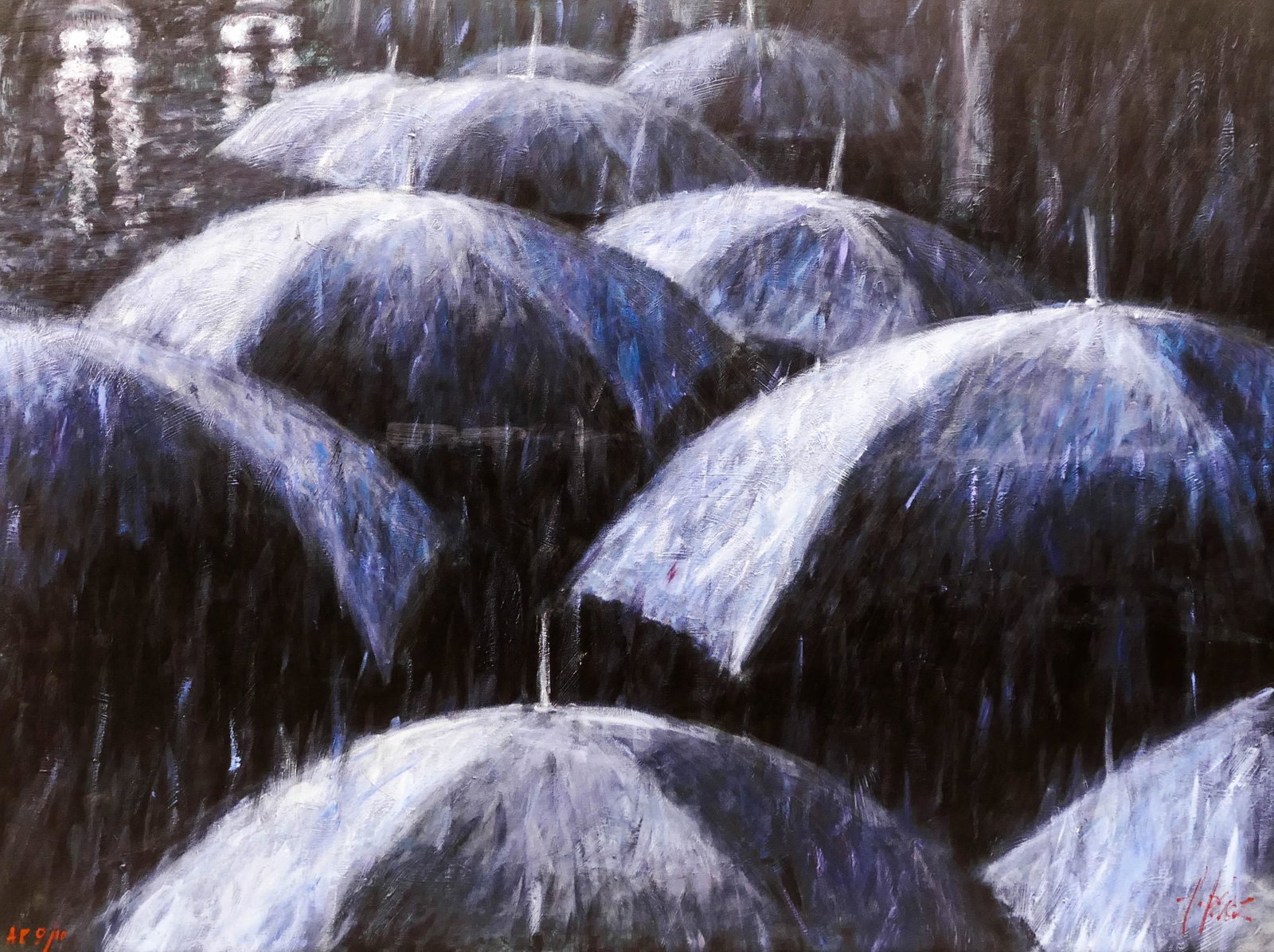 Fabian Perez (b.1967 Argentinian) ''El Aguacero'': Fabian Perez (b.1967 Argentinian) ''El Aguacero'' (Downpour) Enhanced Giclee on Canvas 49''x65.5'' Image. Impressive large impressionist composition with umbrellas. Signed and numbered Artist Proof 9 