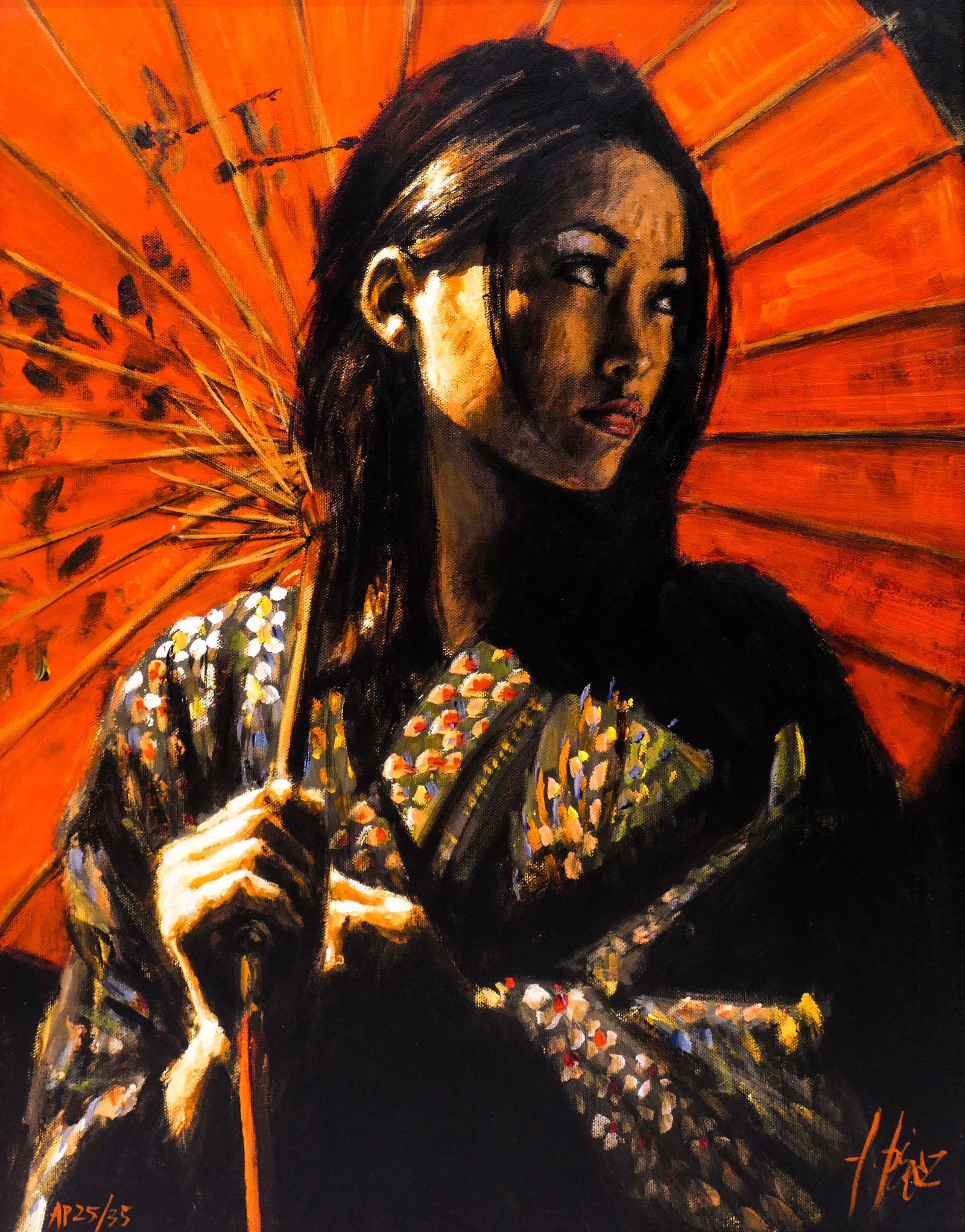 Fabian Perez (b.1967 Argentinian) ''Michikio II'': Fabian Perez (b.1967 Argentinian) ''Michikio II'' (Geisha) Enhanced Giclee on Canvas 40''x32'' Image. Signed and numbered Artist Proof 25 of 35 in paint. Gallery framed 49''x41''. Excellent condition.