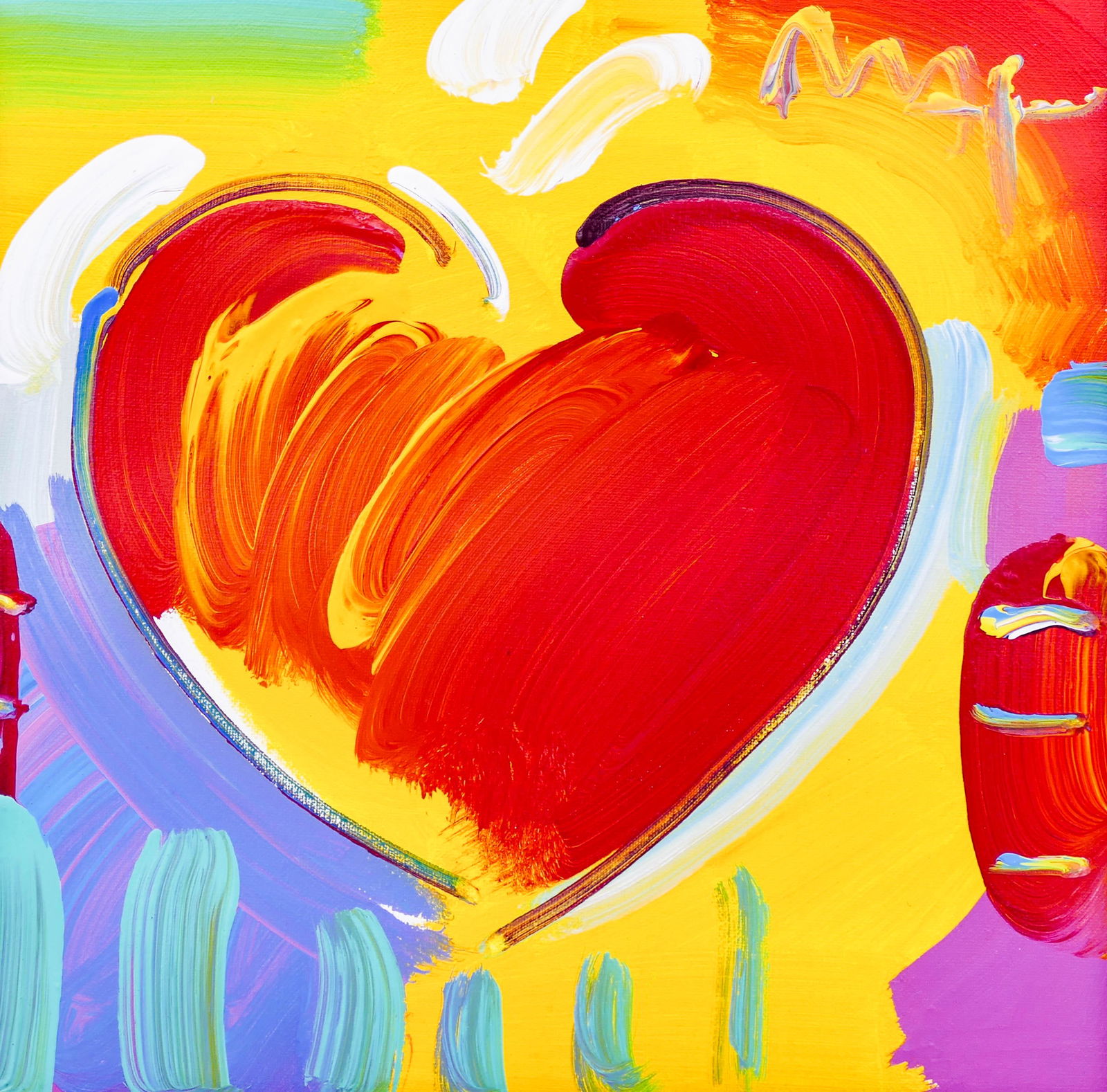 Peter Max (b.1937 American) ''Heart'' Acrylic on Canvas: Peter Max (b.1937 American) ''Heart'' Acrylic on Canvas 12''x12'' Image. A colorful pop art original composition. Signed upper right with ink stamp on verso catalog #117396. Gallery framed 28.5''x28.5