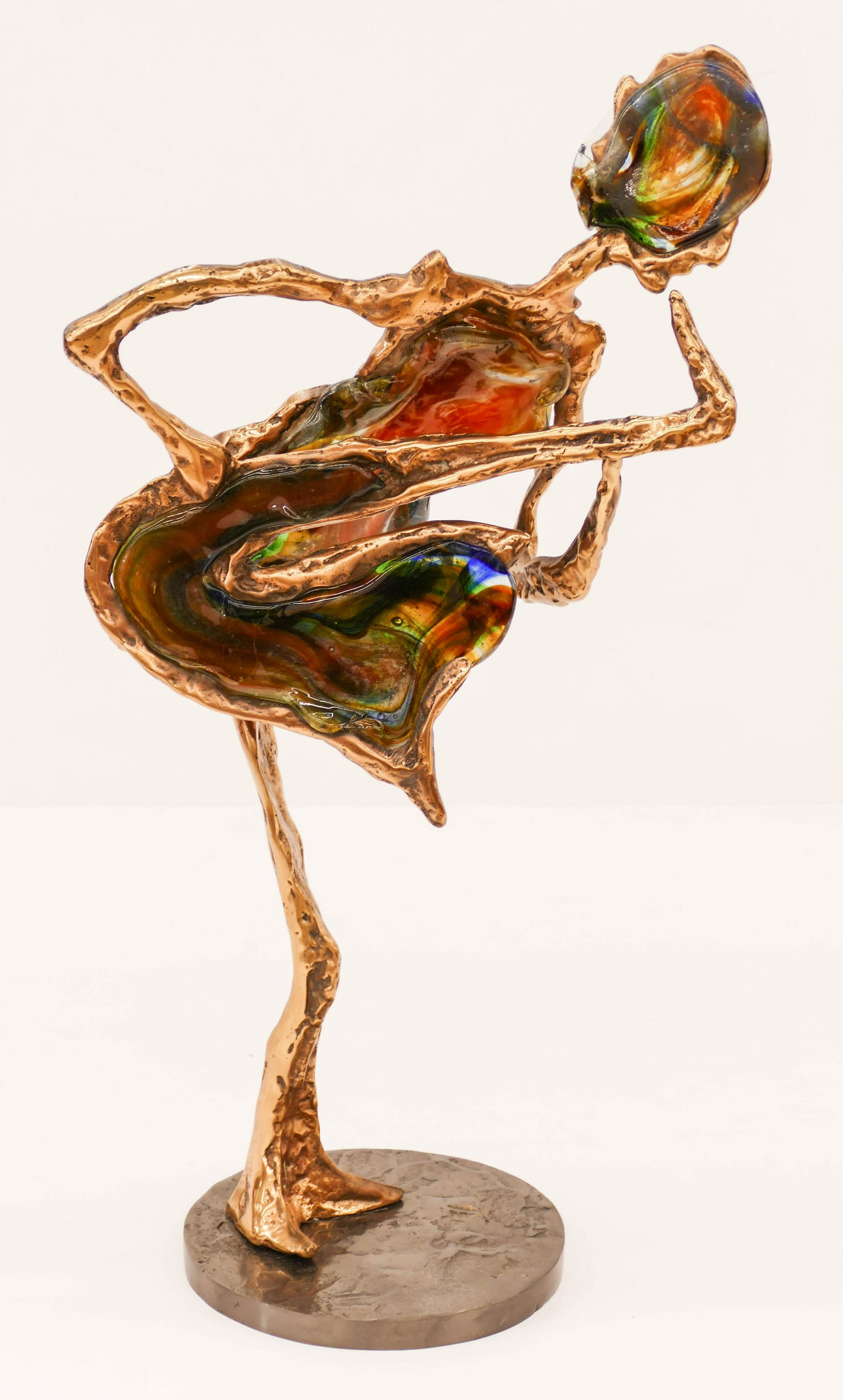 Yves Lohe (b.1947 French) ''Sax Player in New Orleans'': Yves Lohe (b.1947 French) ''Sax Player in New Orleans'' Bronze with Hand Blown Glass Sculpture 24''x11''. Signed on base with original COA from Contemporary Fine Arts Gallery, La Jolla. Excellent cond