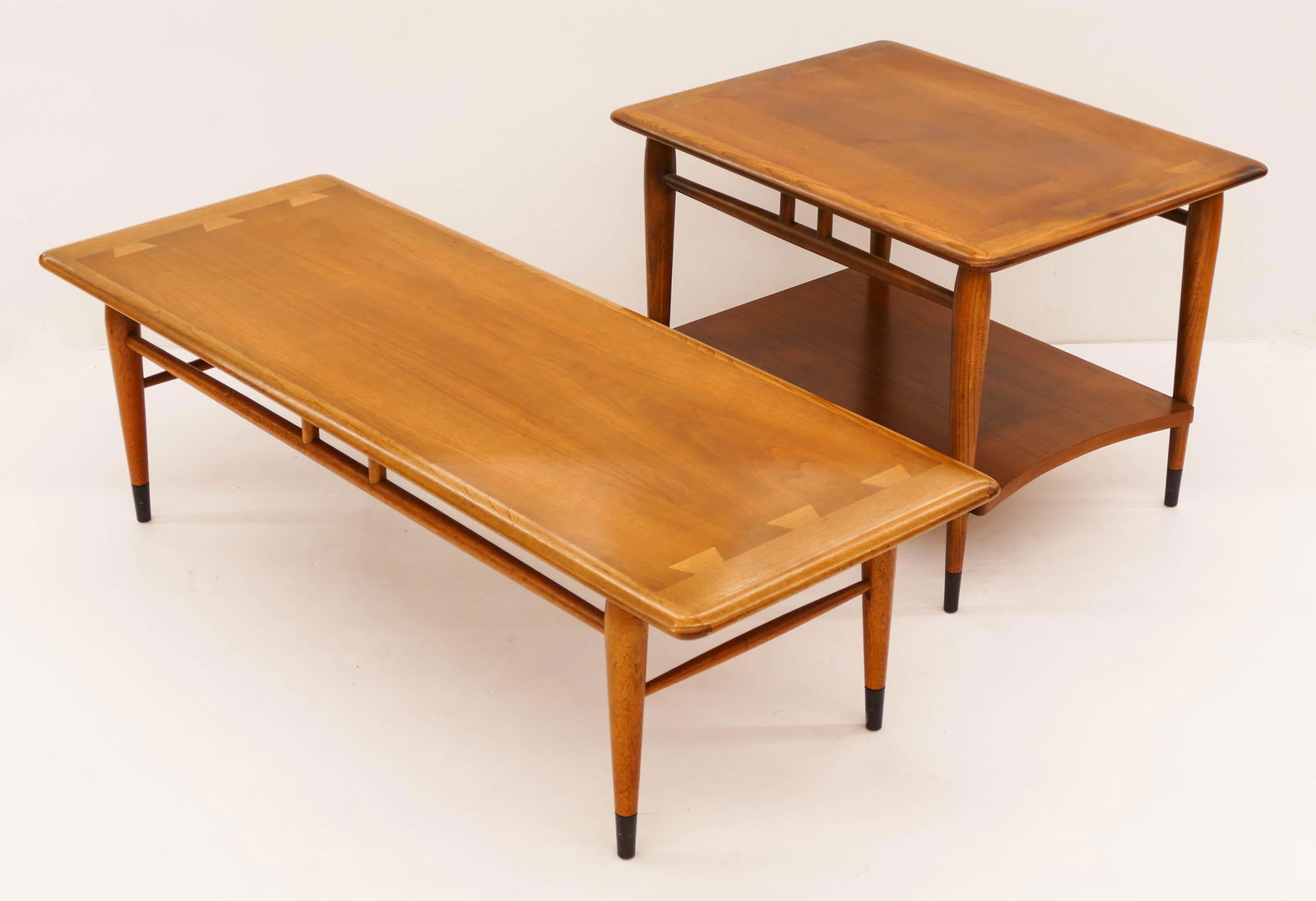 2pc Andre Bus for Lane ''Acclaim'' Walnut Coffee and: 2pc Andre Bus for Lane ''Acclaim'' Walnut Coffee and End Table 14.5''x49.5''x18.5'' and 20''x28''x21''. Mid century modern matching table set of walnut and oak. Marked on bottom. Overall excellent con