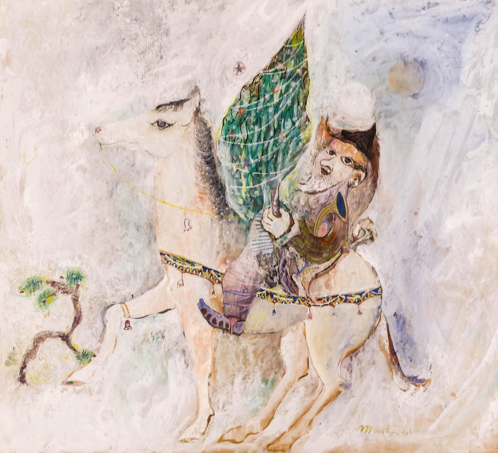 James Martin (b.1928 Washington) Christmas Figure on: James Martin (b.1928 Washington) Christmas Figure on Horseback 1963 Tempera on Paper 16''x17.5'' Image. A whimsical figure holding a decorated tree on horseback. Signed l.r. with Tacoma Art League exh