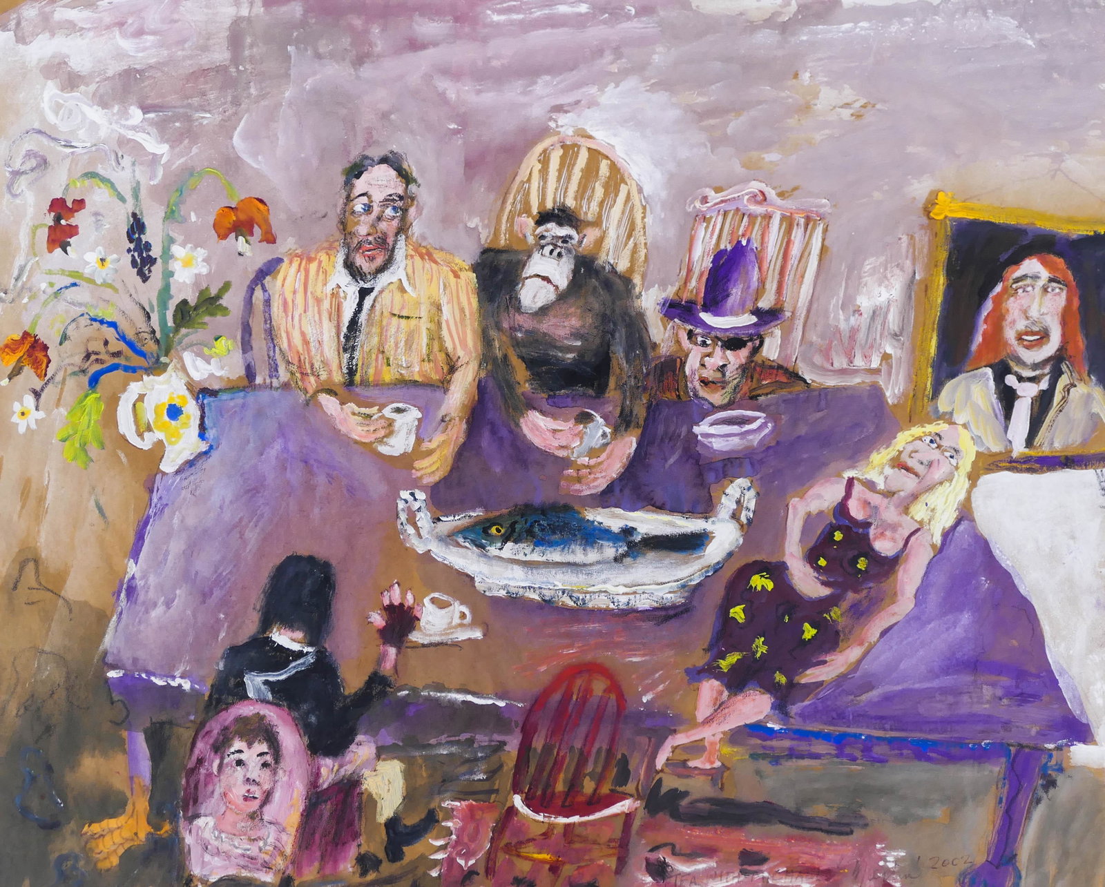 James Martin (b.1928 Washington) ''Tea with Michael'': James Martin (b.1928 Washington) ''Tea with Michael'' 2002 Tempera on Paper 16''x19.5'' Sight. A larger colorful work with various figures. Signed l.r. with Foster/White Gallery, Seattle label on vers