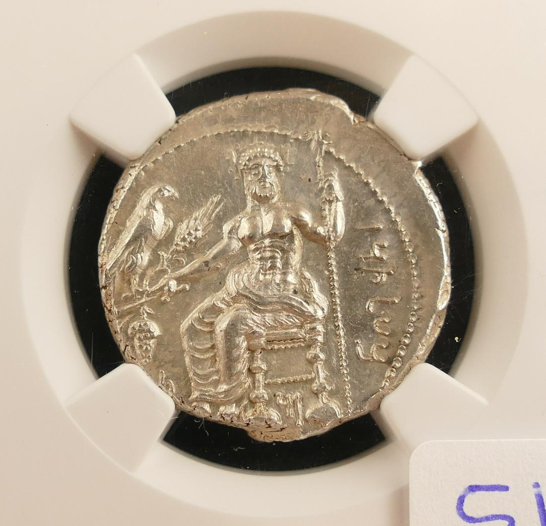 Cilicia Tarsus AR Stater NGC-MS 5/5 4/5: Ancient- Cilicia, Tarsus AR Stater (11.14g) NGC-MS 5/5 4/5. Obverse, Ba'al of Tarsus. Reverse, Lion attacking Bull. c. 361-334 BC. NGC Cert #3103488-001