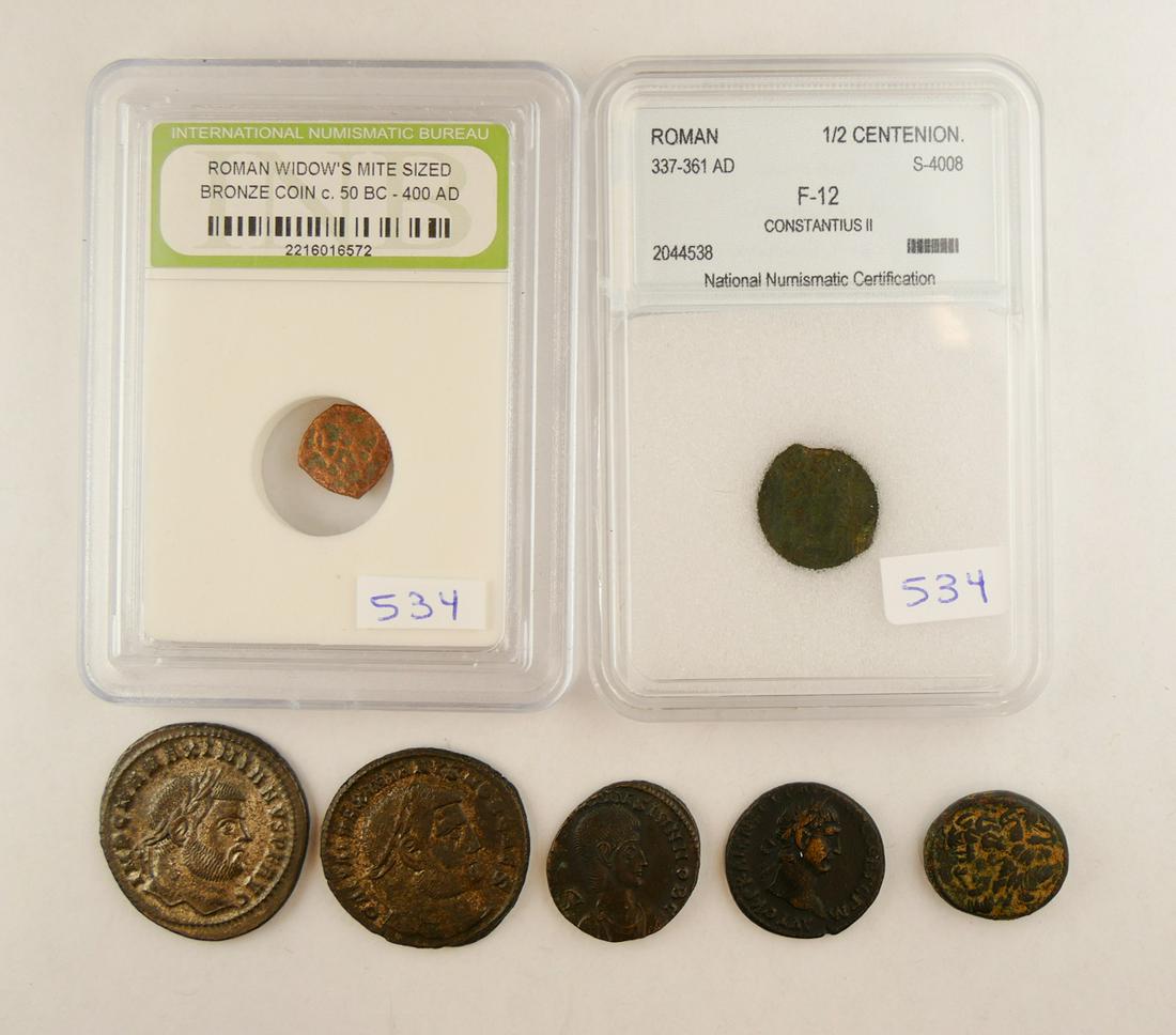 7pc Ancient Greek & Roman Bronze Coins: 7pc Ancient Greek & Roman Bronze Coins. Includes Roman Maximianus B/AR or Silver plated AE Follis (28mm 8.99g), Roman Galerius as Caesar AE Follis (28mm 9.83g), Cappadocia, Caesarea Trajan AE Coin (21