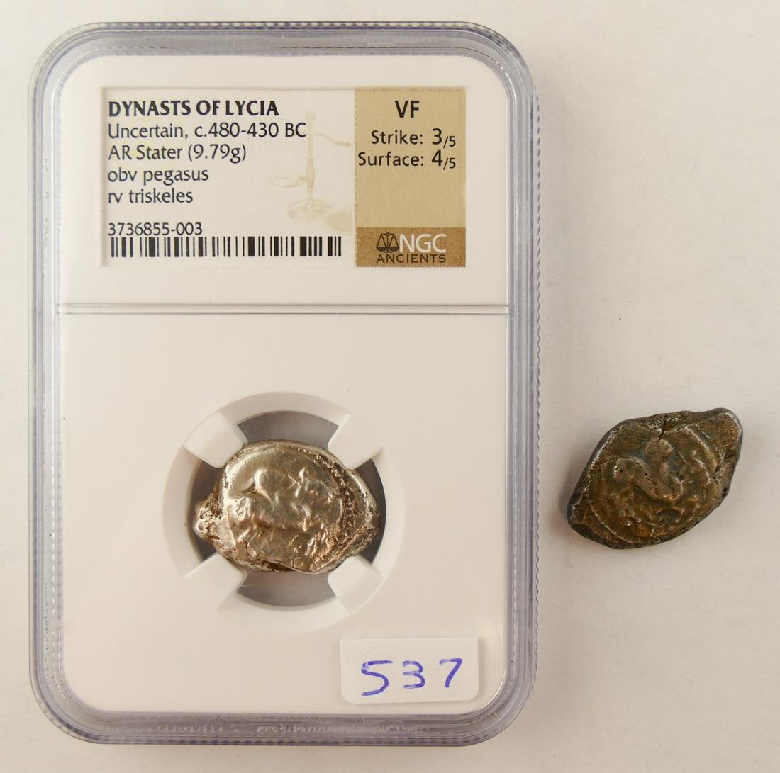 2pc Ancient Dynasts of Lycia Silver Staters: 2pc Ancient Dynasts of Lycia Silver Staters. Includes NGC Graded AR Stater (9.79g) NGC-VF 3/5 4/5 with Pegasus on obverse and triskeles on reverse. c.480-430 BC. And Ungraded AR Stater with Pegasus on