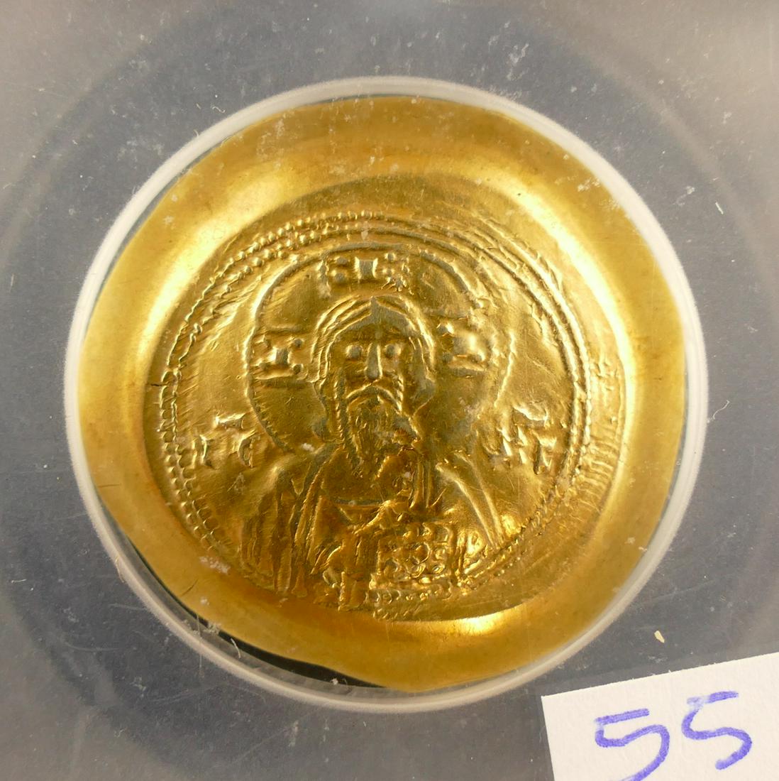 Byzantine Gold Michael VII AV Histamenon ICG-AU50: Byzantine Gold Michael VII AV Stamenon Nomisma (Histamenon) ICG-AU50. Constantinople. c. AD 1071-1078. Obverse, Bust of Christ facing, wearing nimbus cruciger. Reverse, Michael VII facing, bearded, we