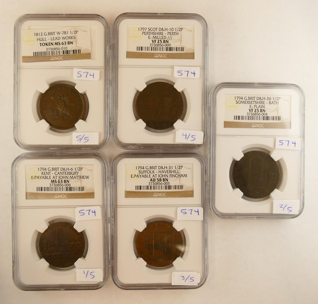 5pc NGC Graded G. Britain Condor Tokens: 5pc Great Britain Late 18th & Early 19th Century Condor Tokens. NGC Graded. Includes Kent, Canterbury Copper 1/2 Penny Token 1794 NGC MS 63 BN, D&H-6. Somersetshire, Bath Copper 1/2 Penny Token 1794 N