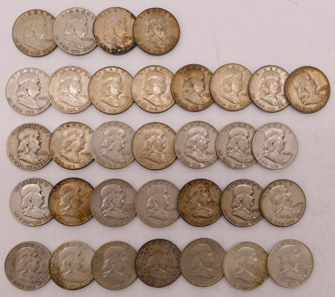 33pc US Ben Franklin Silver Half Dollars: 33pc US Ben Franklin Silver Half Dollars, Common Dates. Ungraded, G-VG