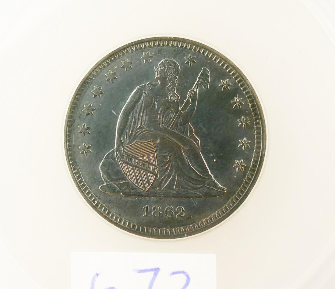 US 1862 Seated Liberty Quarter SEGS MS-62: US 1862 Seated Liberty Quarter (25 Cents) SEGS MS-62, Cleaned/Retoned