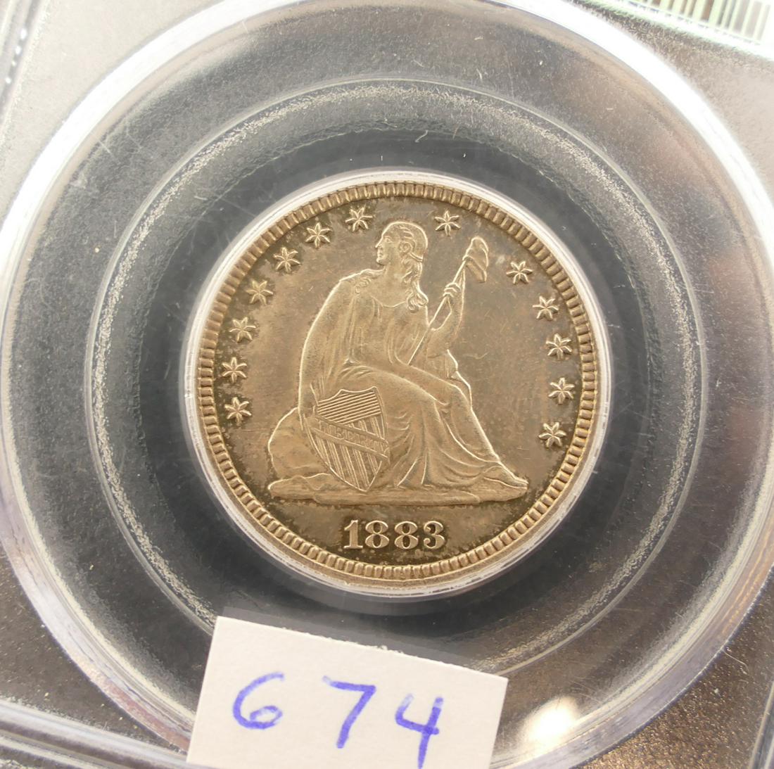 US 1883 Seated Liberty Quarter PCGS PR61: US 1883 Seated Liberty Quarter (25 Cents) PCGS PR61, Obverse Cameo. PCGS Cert #2645023