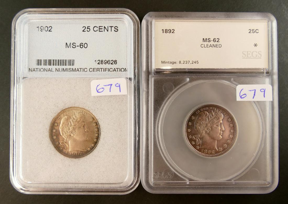 2pc US Barber / Liberty Head Quarters Graded MS: 2pc US Barber / Liberty Head Quarters (25 Cents). Graded. 1892 25c SEGS MS-62 Cleaned and 1902 25c NNC MS-60