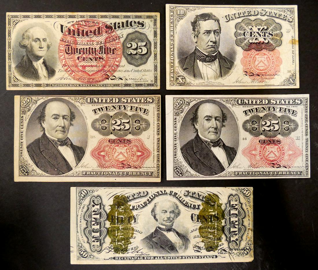 5pc US 19th Cent. Fractional Currency Notes: 5pc US 19th Cent. Fractional Currency Notes. Includes 1863 50 cent, 1863 Washington 25 cent, (2) Series of 1874 25 cent, and 1874 10 cent.