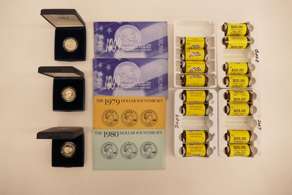 413pc US Sacagawea Dollars & Susan B. Anthony Dollars: 413pc US Sacagawea Dollars & Susan B. Anthony Dollars. Includes (400pc) Uncirculated Sacagawea Dollars in $25 Rolls dated 2007-2010 (4 rolls each year). (3pc) 1999 Susan B. Anthony Proof Dollar Coins 