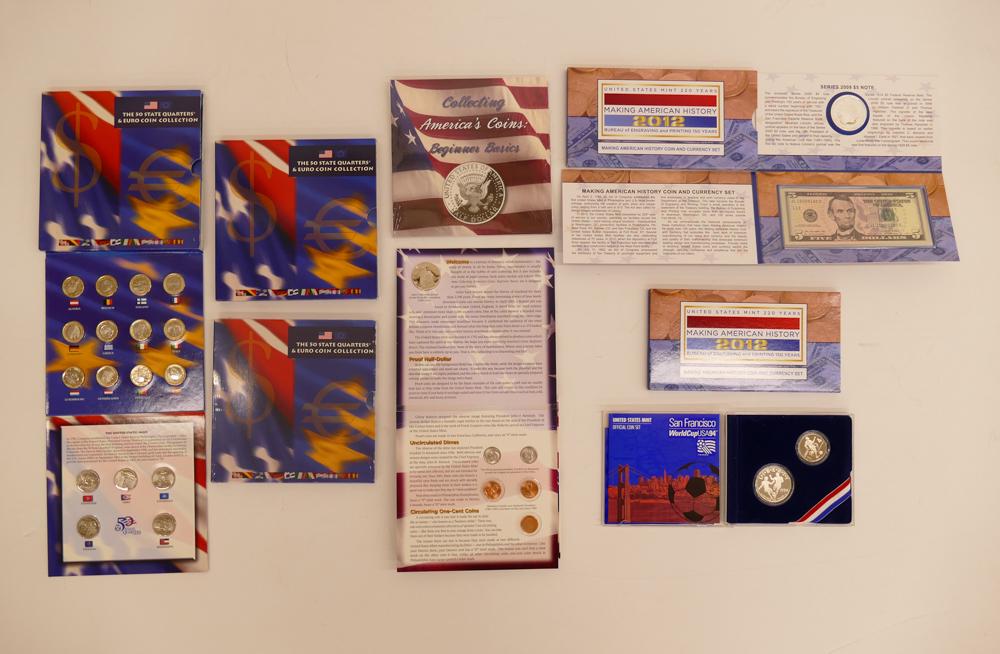8pc US Mint Collector Sets: 8pc US Mint Collector Sets. Includes (2pc) U S Mint 2012 Coin and Currency Set with 2009 $5 Note & 2012 American Eagle Silver Proof Coin. (3pc) 2002 50 State Quarters & Euro Coin Collection Sets 5 US