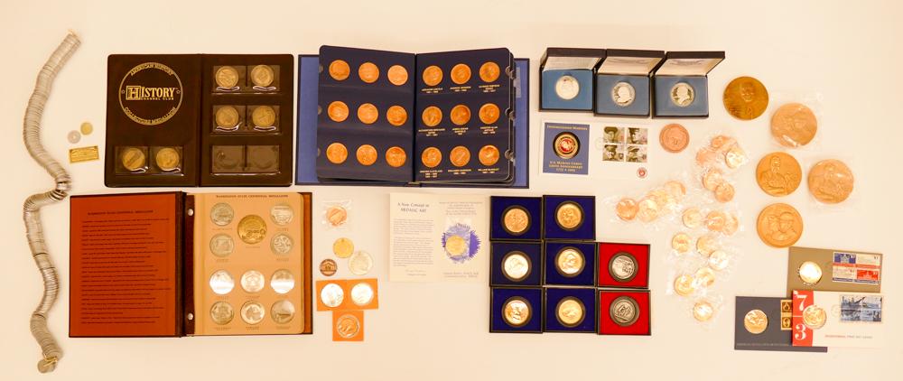 149pc Collection of Commemorative Medals, Etc: 149pc Collection of Commemorative Medals, Etc. Includes 12pc American Revolution Bicentennial Medals. (64pc) US Mint Medals of the Presidents. (51pc) Washington State Centennial Medals. (6pc) History 