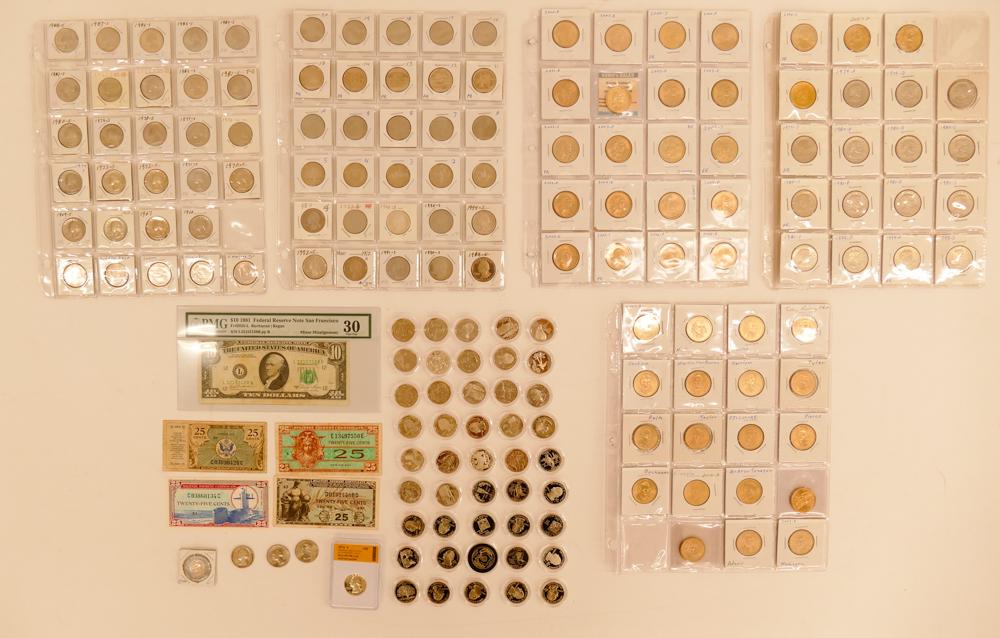 191pc Collection of US Coins & Currency: 191pc Collection of US Coins & Currency. Includes (24pc) UNC Sacagawea $1 Coins, (16pc) UNC Susan B. Anthony Dollars including 1pc Gold Toned. (19pc) UNC President $1 Coins. (45pc) Proof 50 State Quar