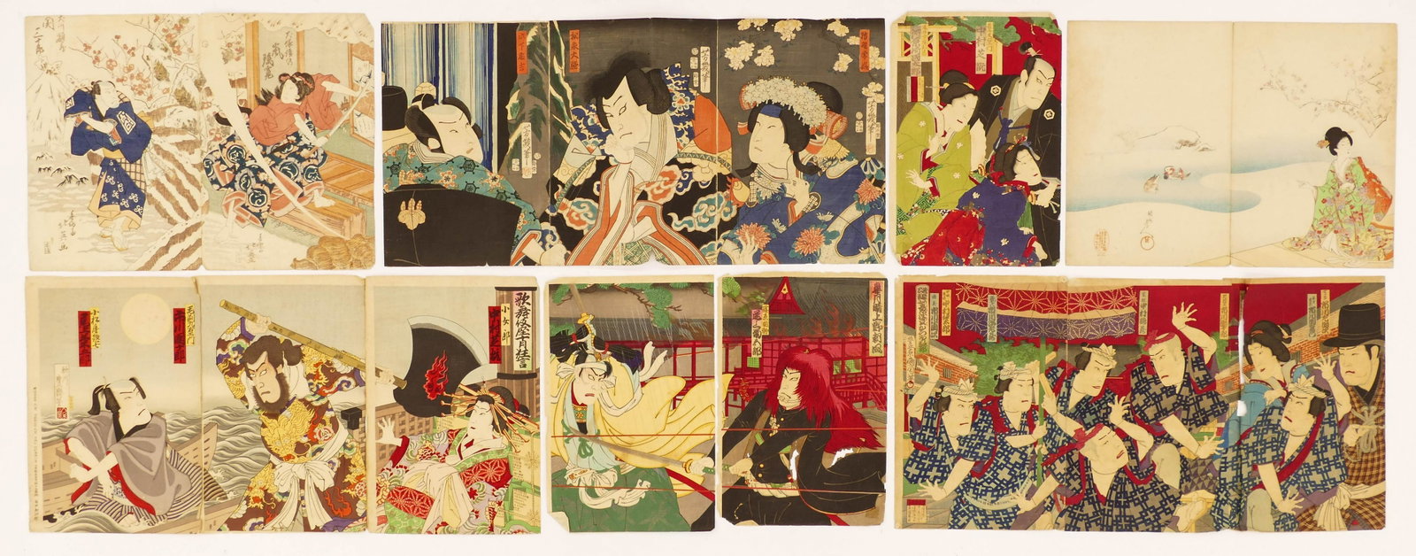 28pc Collection of Meiji Japanese Woodblock Prints.: 28pc Collection of Meiji Japanese Woodblock Prints. Includes many triptychs by Utagawa Kuniyoshi, etc. Some have termite damage and other have edge tears. As seen in photos. 19th to early 20th century