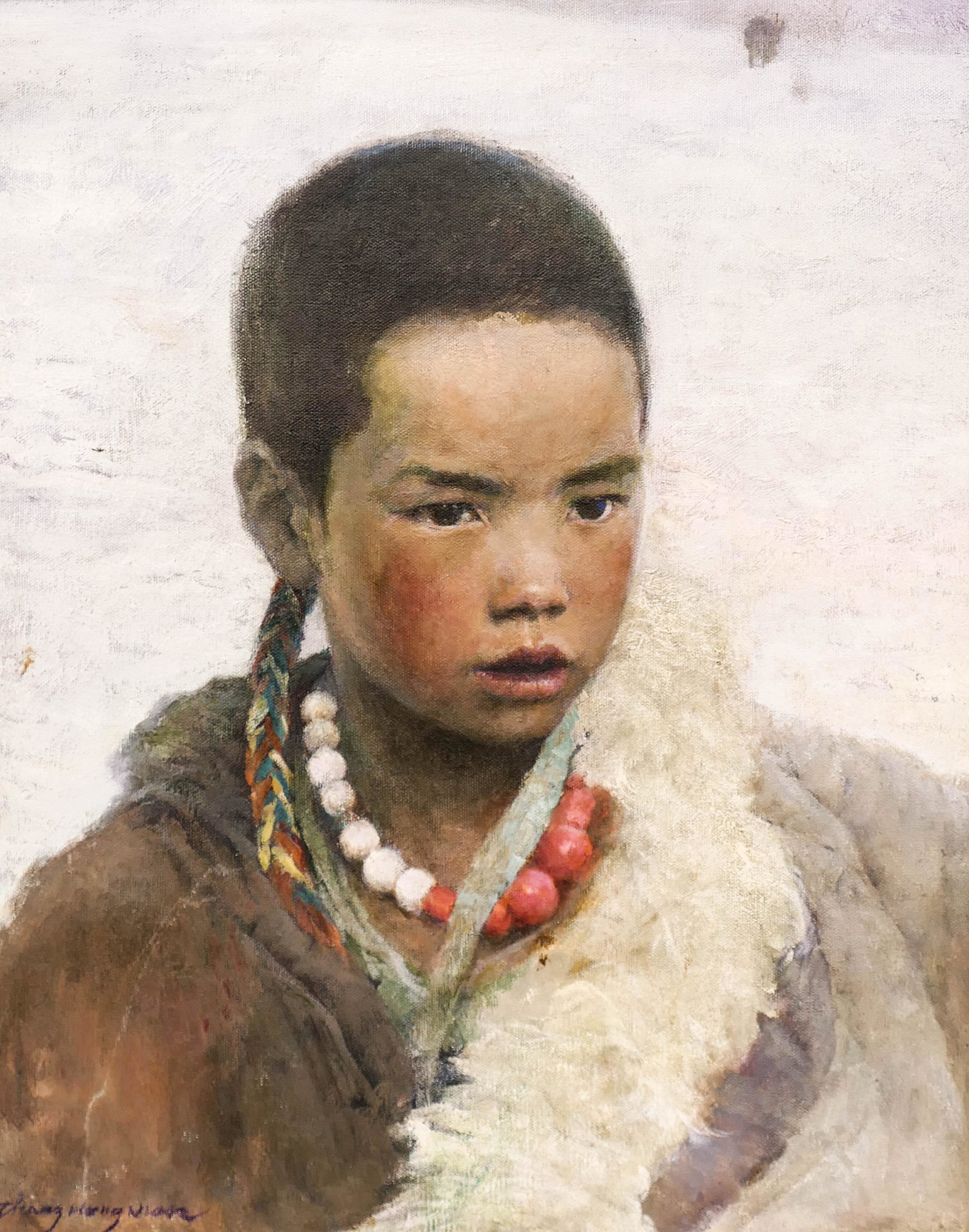 HongNian Zhang (b.1947 Chinese) ''Young Boy'' 1986 Oil: HongNian Zhang (b.1947 Chinese) ''Young Boy'' 1986 Oil on Canvas 20''x16'' Image. Depicts a young Chinese boy wearing prayer beads. Signed l.l. with Grand Central Art Galleries, New York and Montgomer