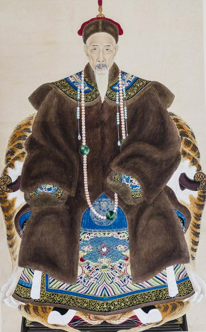 Old Chinese Emperor Kangxi Seated Ancestral Scroll: Old Chinese Emperor Kangxi Seated Ancestral Scroll Painting 33''x20'' Image. A fine polychrome watercolor painting of the seated emperor with fur winter coat and dragon robe. Unsigned. Mounted size 42