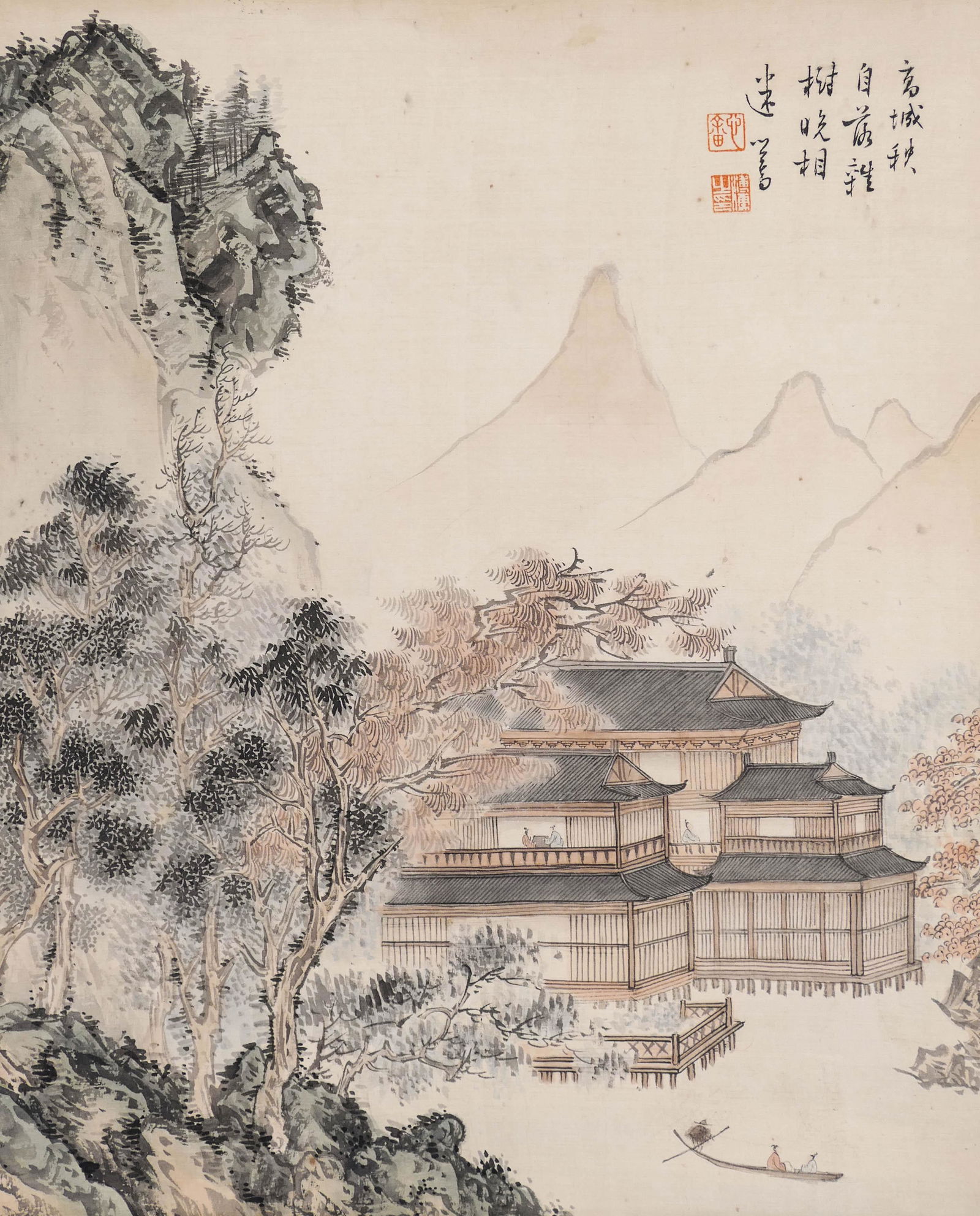 Attributed to Ru Pu (1896-1963 Chinese) Temple: Attributed to Ru Pu (1896-1963 Chinese) Temple Landscape Ink on Silk Scroll Painting 18''x15'' Image. An intricate work with temple in mountainous landscape. Signed with calligraphy and artist chop up