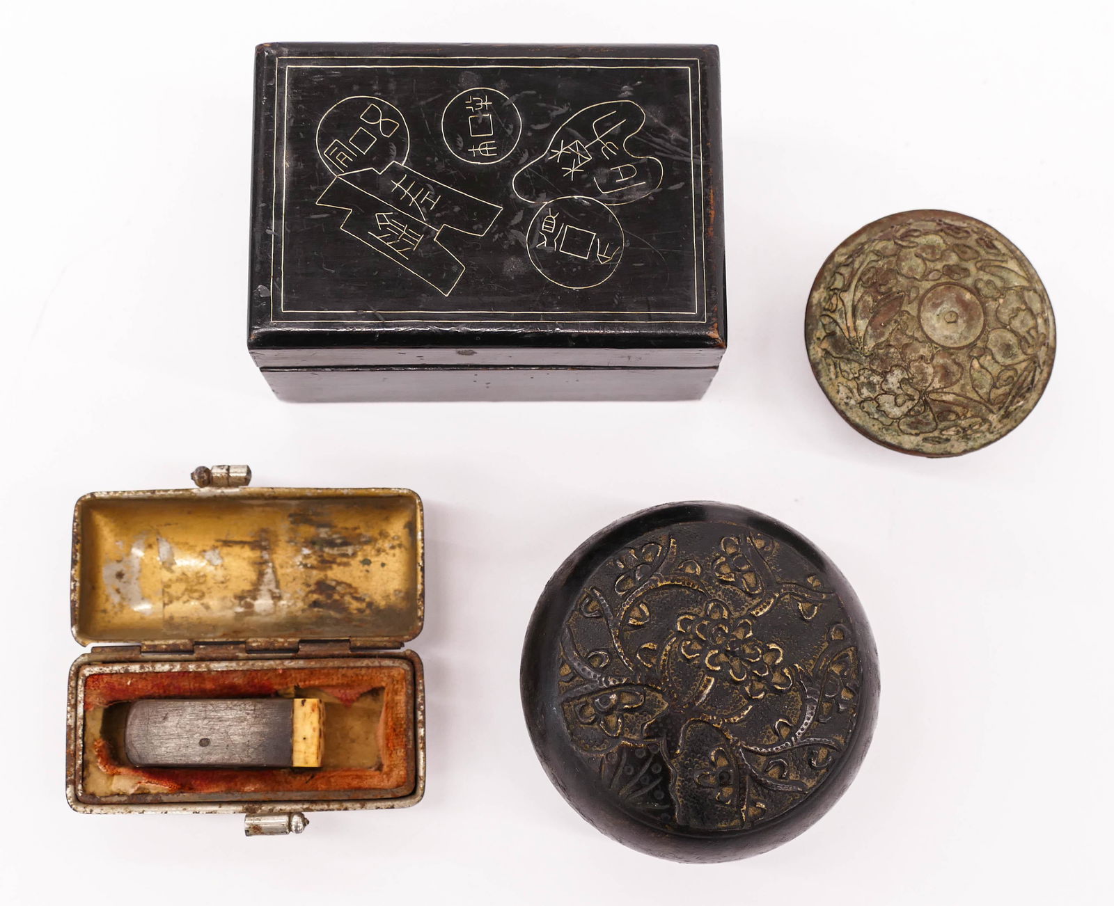 4pc Old Chinese Ink Boxes and Seal 1.5'' to 3'' Long.: 4pc Old Chinese Ink Boxes and Seal 1.5'' to 3'' Long. Includes a silver wire inlaid coin motif copper lined box, a round bronze prunus box with Xuande mark on bottom, a copper lotus wire motif box, an