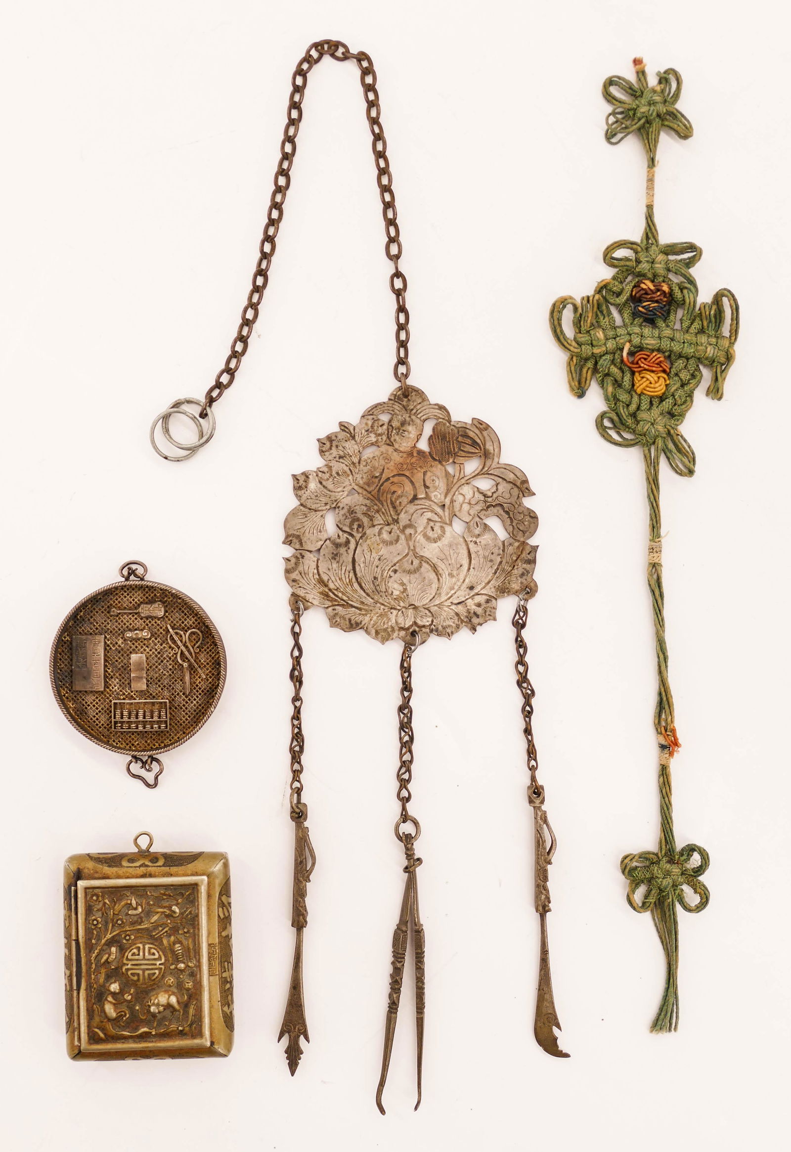 4pc Chinese Qing Pipe Cleaners and Toggles 2'' to 17'': 4pc Chinese Qing Pipe Cleaners and Toggles 2'' to 17'' Long. Includes a pierced long toggle with pipe cleaners, a silk endless knot toggle, a paktong shou box with inscription on verso, and a silver t