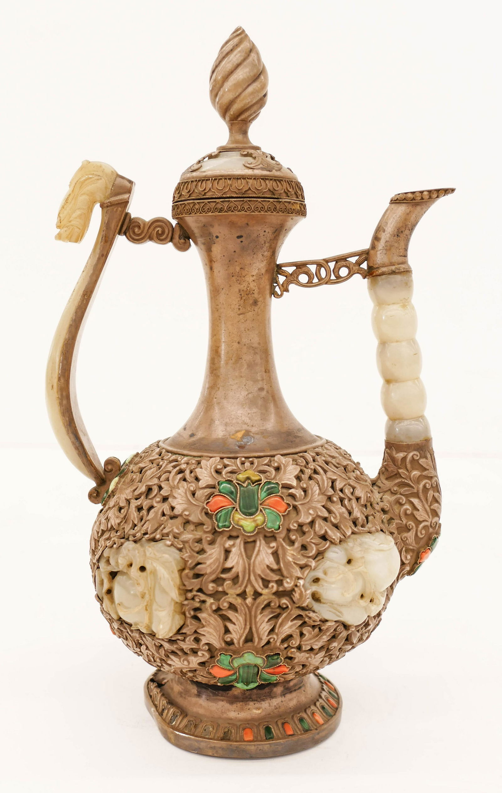 Old Mongolian Jade and Silver Ewer 10: Old Mongolian Jade and Silver Ewer 10''x6''. Impressive pierced silver ewer with applied jade dragon belt hook handle. Also four Chinese Qing pierced pendants of bats with peaches and melons. Also dec