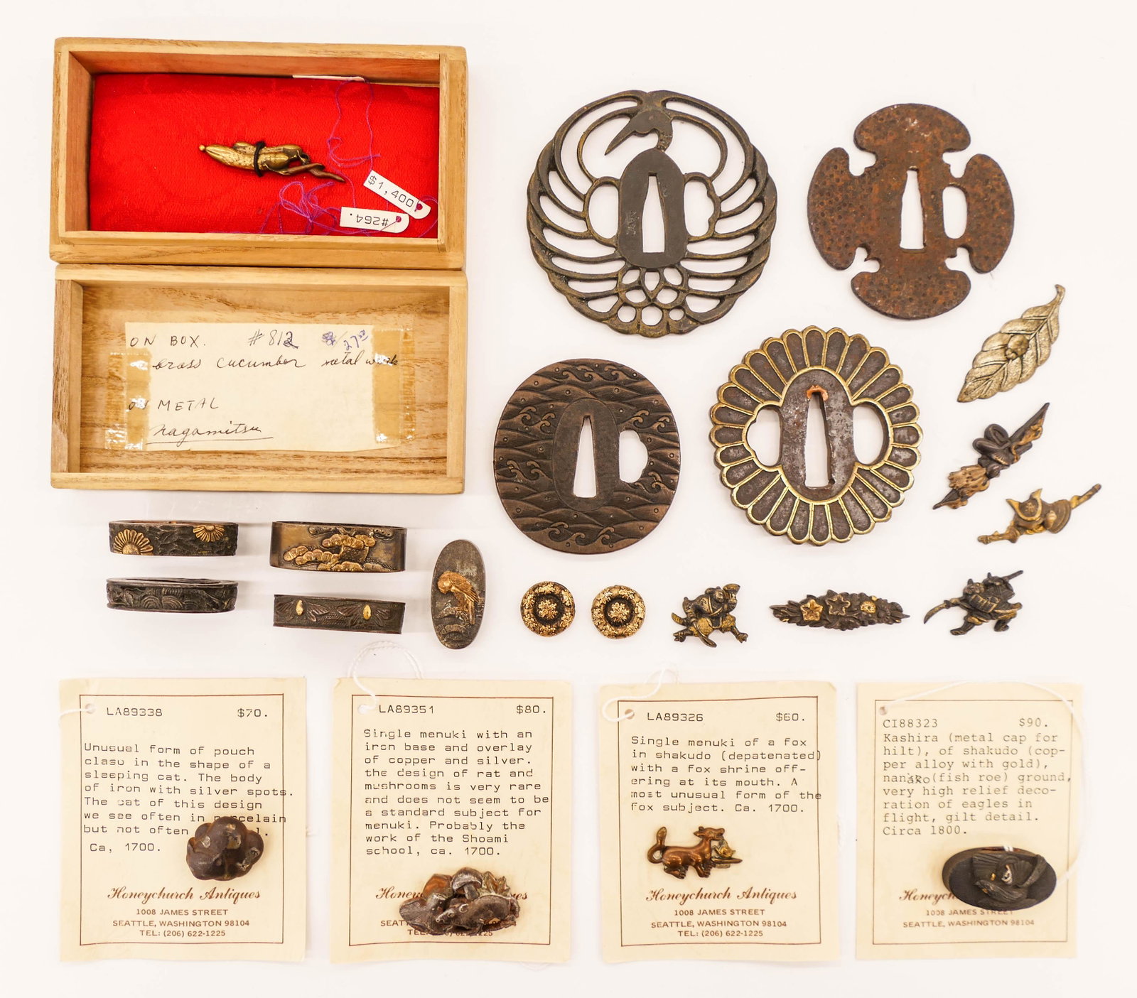 22pc Old Japanese Samurai Sword Fittings 1'' to 3'': 22pc Old Japanese Samurai Sword Fittings 1'' to 3'' Long. Includes shakudo fuchi, kashira, and menuki. Also four tsuba guards. Some have wear from age. 18th to 19th century, Edo to Meiji period.