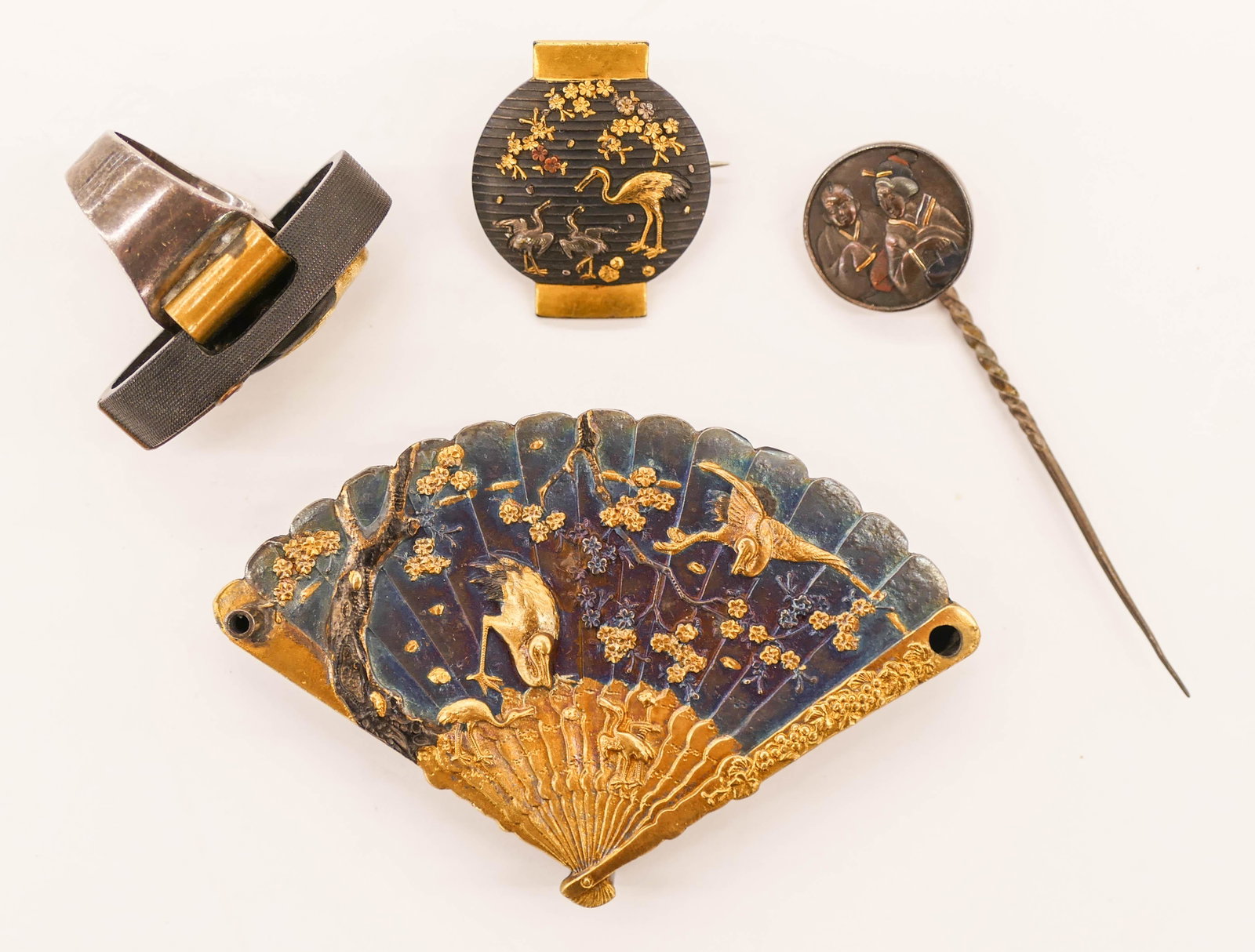4pc Japanese Mixed Metal Jewelry & Water Dropper 1: 4pc Japanese Mixed Metal Jewelry & Water Dropper 1'' to 3'' Long. Includes a fan shaped suiteki water dropper with birds, a shakudo kashira ring (size 7), a shakudo lantern brooch, and a mixed metals 