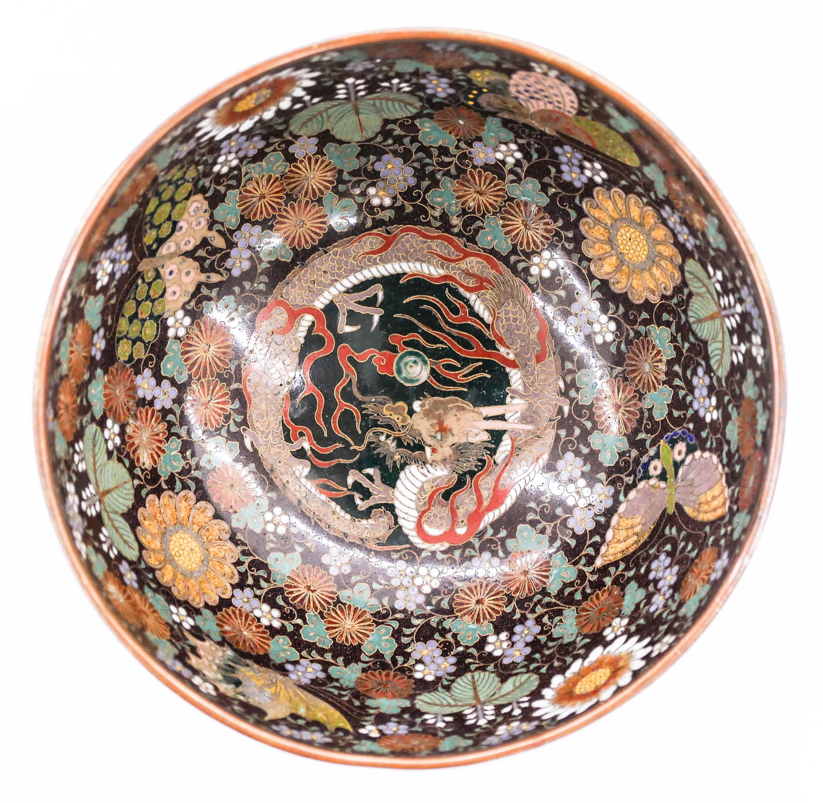 Fine Japanese Cloisonne Dragon Tea Bowl 2.5''x4.5''.: Fine Japanese Cloisonne Dragon Tea Bowl 2.5''x4.5''. Intricate polychrome enameling with blossoming flowers and medallions of dragons. Unmarked. Excellent condition. 19th century, Meiji period. Simila