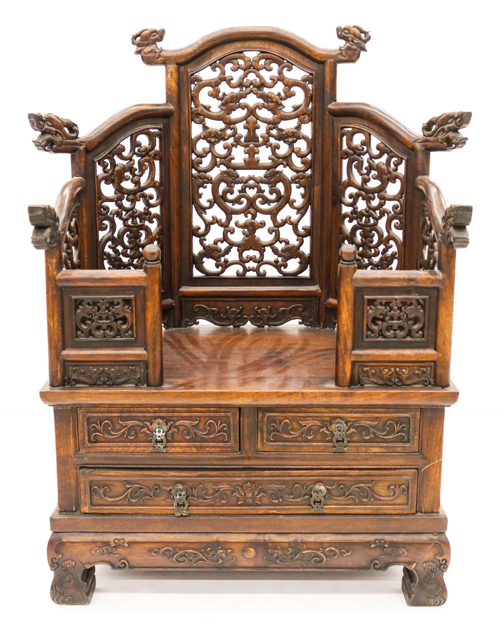 Fine Chinese Rosewood Dragon Throne-Form Mirror Stand 3: Fine Chinese Rosewood Dragon Throne-Form Mirror Stand 34''x23''x15''. A table top vanity with pierced opposing archaistic dragon motif and three drawers. Excellent condition. 20th century.