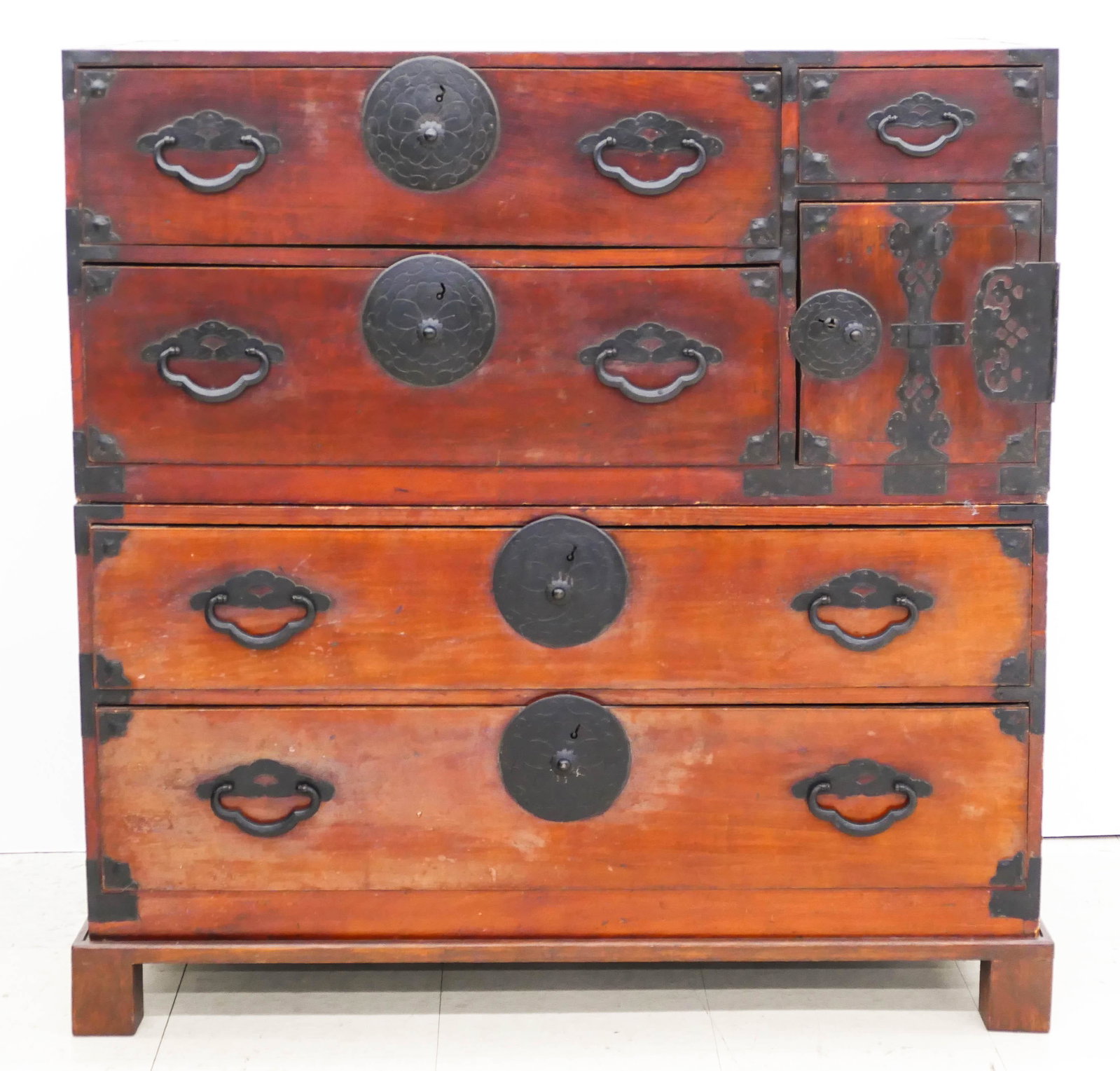 Japanese Meiji Tansu Stacking Chest 43: Japanese Meiji Tansu Stacking Chest 43''x42''x17.5''. A three part stacking chest with married base. Scattered surface wear from age. 19th century. Comes with three original keys.