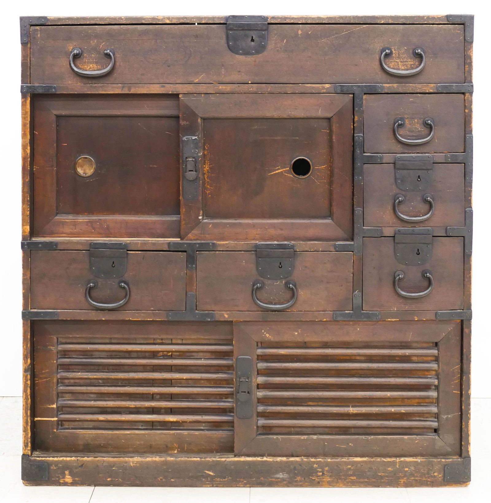 Japanese Edo Tansu Chest 36.5''x35''x16''. A single: Japanese Edo Tansu Chest 36.5''x35''x16''. A single chest with original hardware. Scattered surface wear from age. Early 19th century.