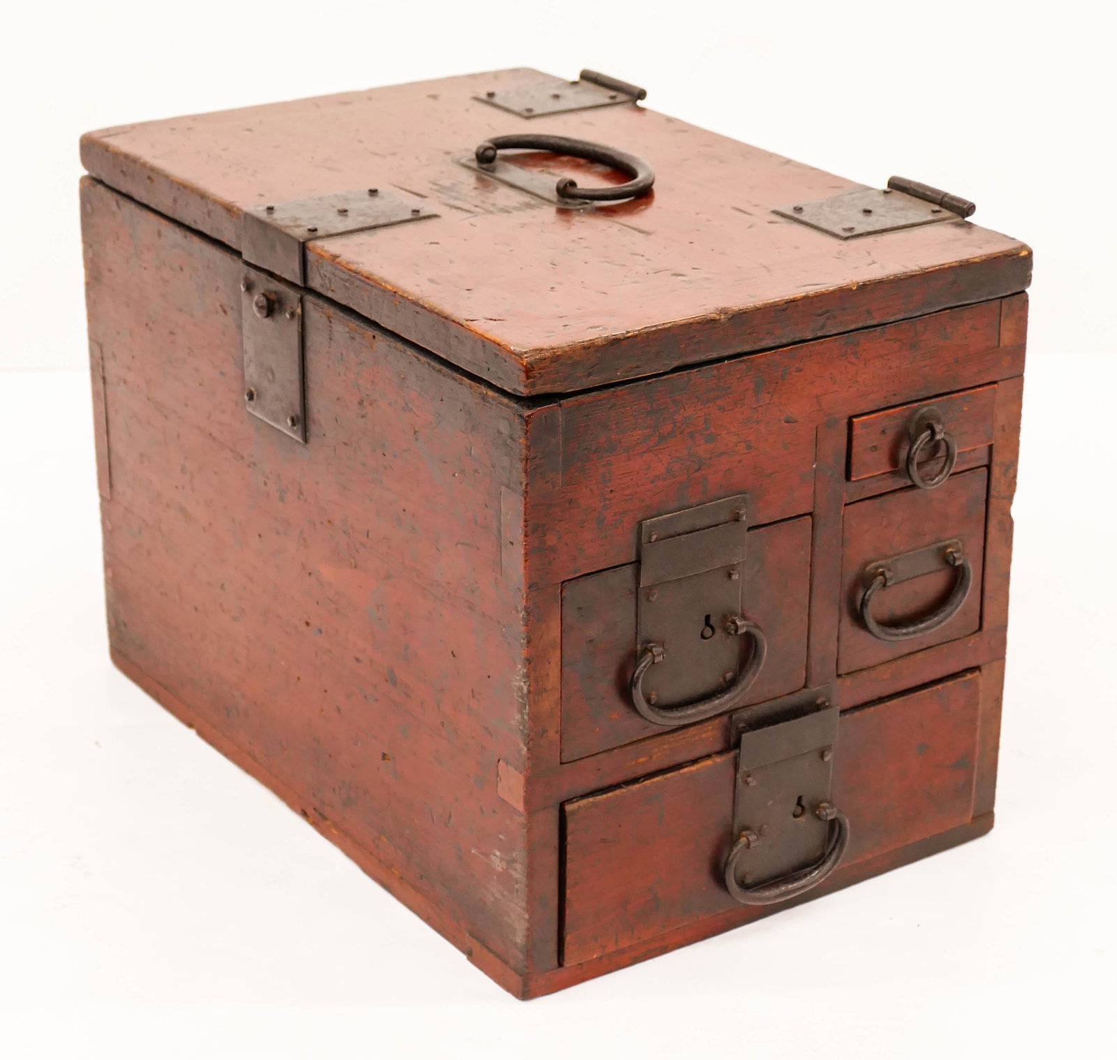 Japanese Edo Small Money Tansu Chest 10''x14''x9.5''.: Japanese Edo Small Money Tansu Chest 10''x14''x9.5''. Original iron fittings. Scattered surface wear from age. Early 19th century.