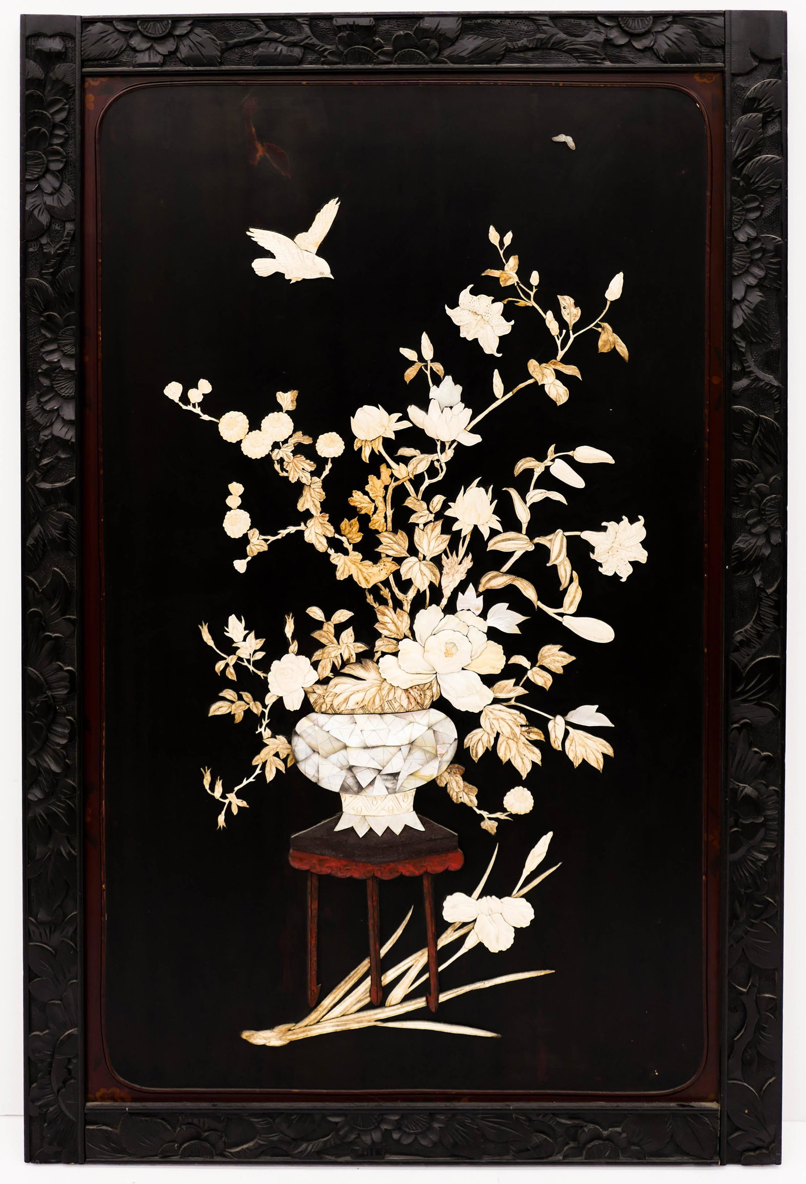 Japanese Meiji Bone Applique Large Panel 40.5''x26.5''.: Japanese Meiji Bone Applique Large Panel 40.5''x26.5''. Intricate bone applique and lacquered motif of a vase with blossoming chrysanthemum flowers. A few surface scratches. Overall excellent conditio