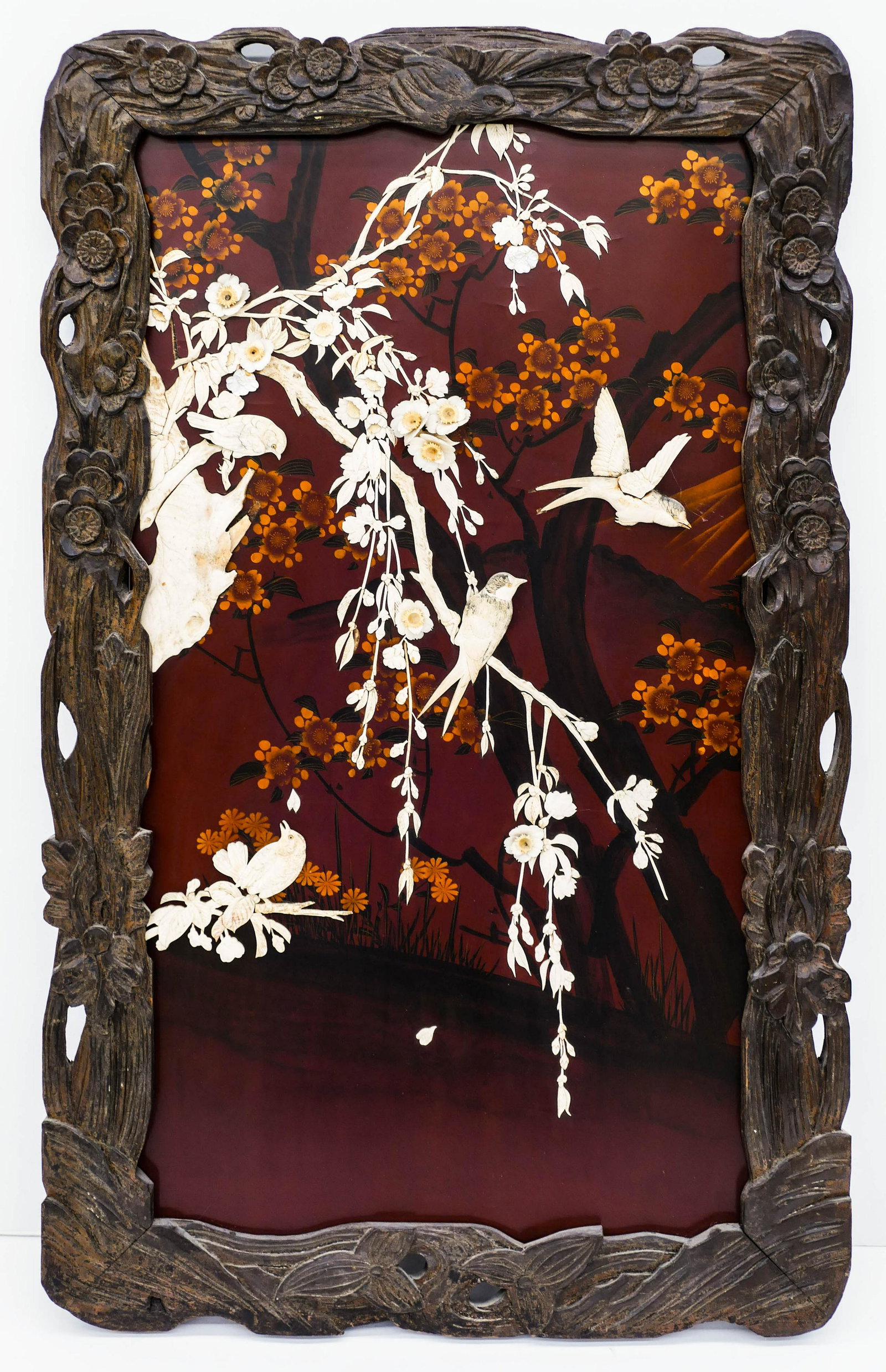 Japanese Meiji Bone Applique Lacquered Panel: Japanese Meiji Bone Applique Lacquered Panel 34.5''x21''. High relief bone applique of birds on a cherry blossom tree. Polychrome lacquered ground with figural carved frame. Some old repairs to high r