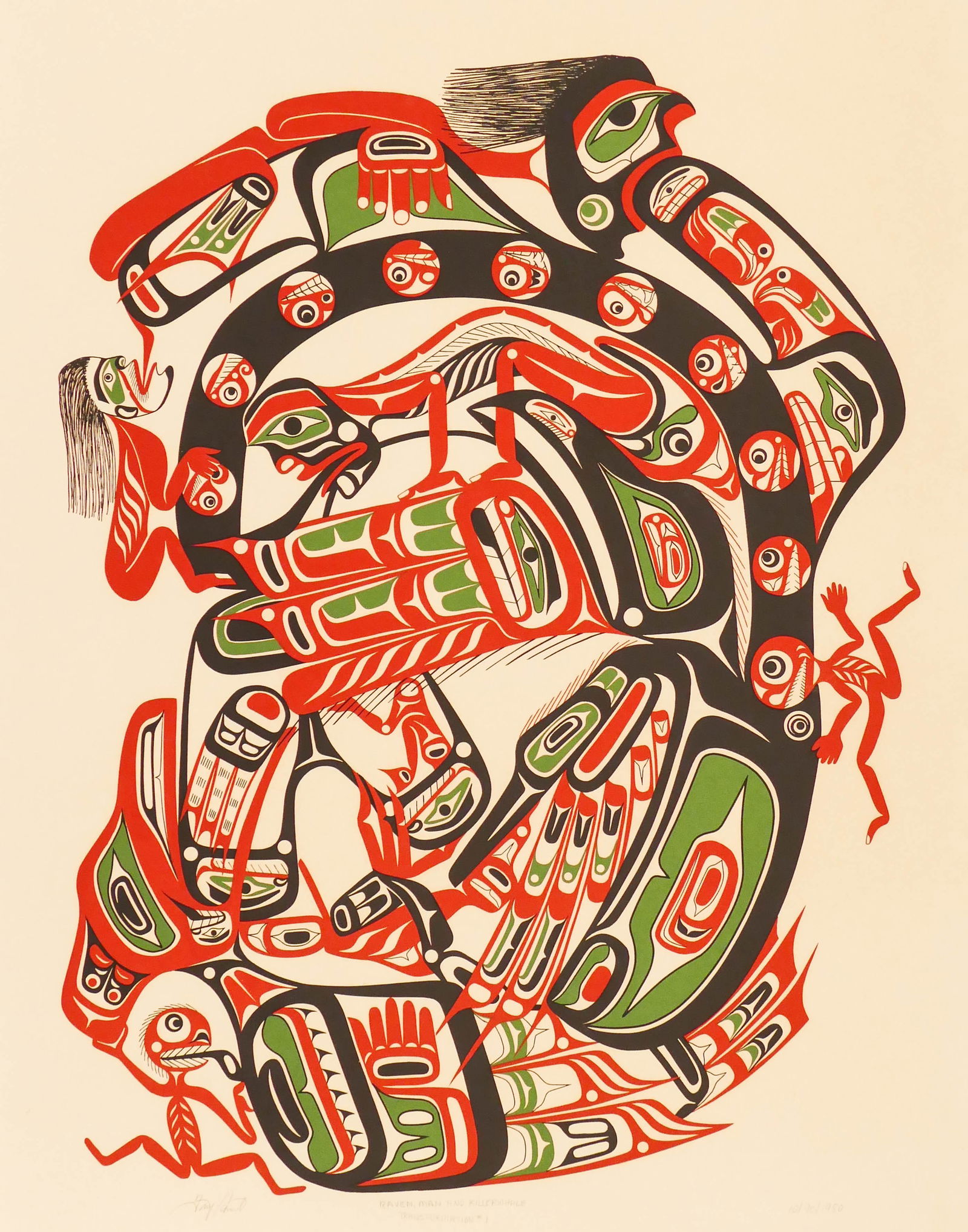 Tony Hunt Sr. (1942-2017 Kwakiutl) ''Raven, Man and: Tony Hunt Sr. (1942-2017 Kwakiutl) ''Raven, Man and Killerwhale Transformation #1'' 1980 Serigraph 27.5''x21'' Sight. Impressive three-color u-form serigraph. Pencil signed and titled lower margin. Ma