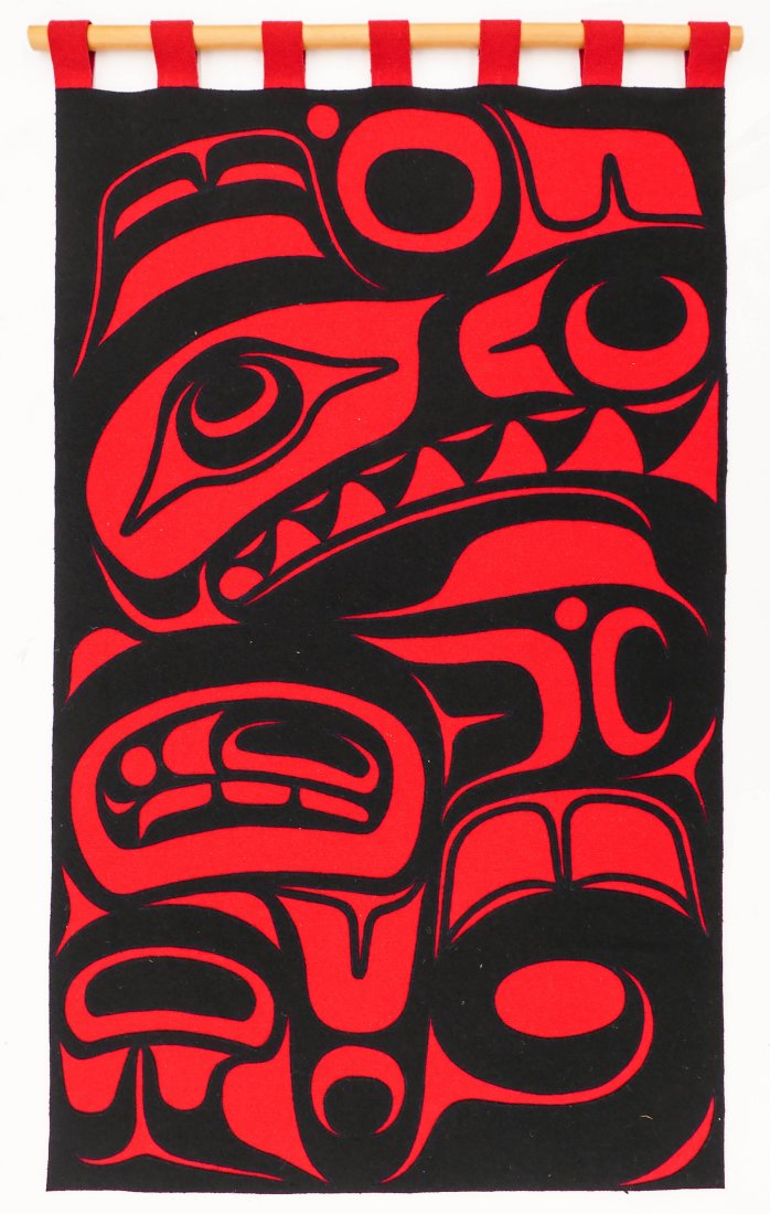 Don & Betty Yeomans (20/21st Cent. Haida) Wasco Sea: Don & Betty Yeomans (20/21st Cent. Haida) Wasco Sea Monster Red Hanging Panel 1991 Felt 43''x21''. A husband and wife layered felt collaboration depicting a u-form wolf. Signed and dated on verso. Exc