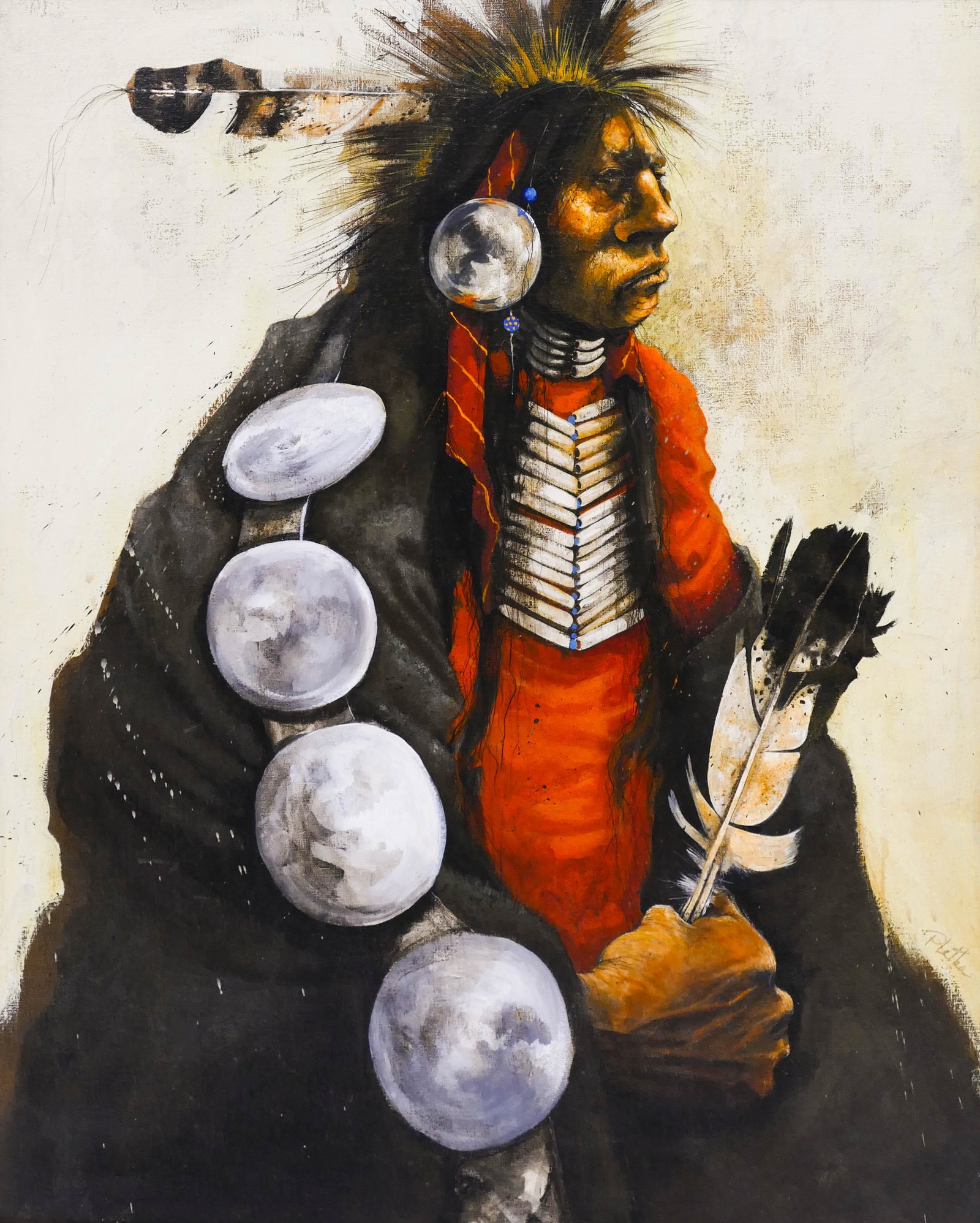 Paul Pletka (b.1946 New Mexico) ''Omaha Dancer'' Oil on: Paul Pletka (b.1946 New Mexico) ''Omaha Dancer'' Oil on Canvas 30''x24'' Image. Impressive modernist plains native dancer portrait. Signed l.r. Original framing 33''x27''. Excellent condition.