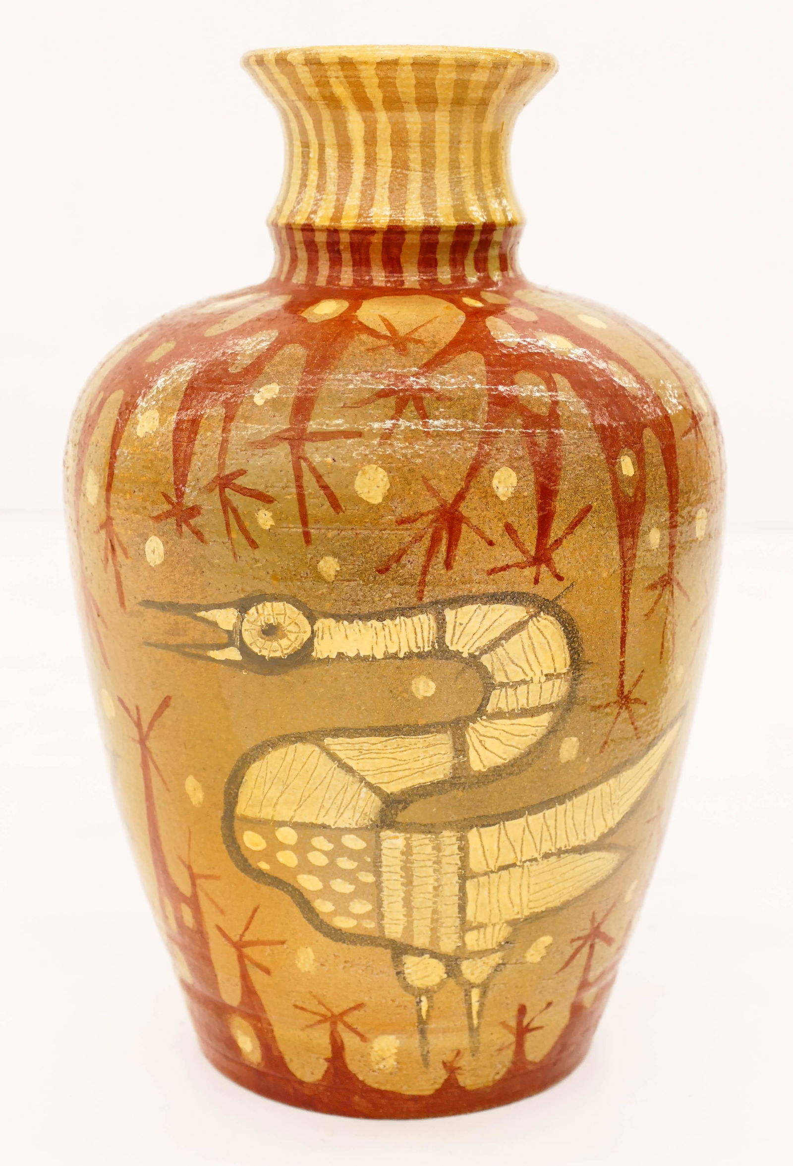 Aaron Bohrod (1907-1992 American) Birds Vase 1986: Aaron Bohrod (1907-1992 American) Birds Vase 1986 Painted Ceramic 9''x5.5''. A scarce painted earthenware vase decorated with three stylized bird motifs. Form was thrown by Dan Trent and is signed/dat