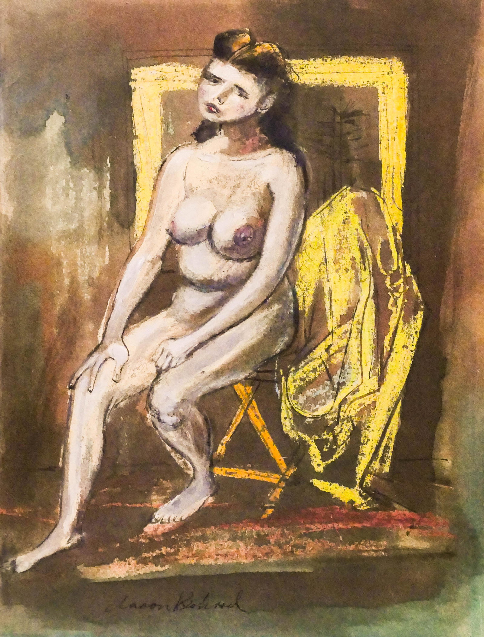 Aaron Bohrod (1907-1992 American) Seated Nude: Aaron Bohrod (1907-1992 American) Seated Nude Watercolor and Gouache on Paper 11''x8'' Image. A seated female nude illustration that is published in color ''Aaron Bohrod: Figure Sketches'' book page 1