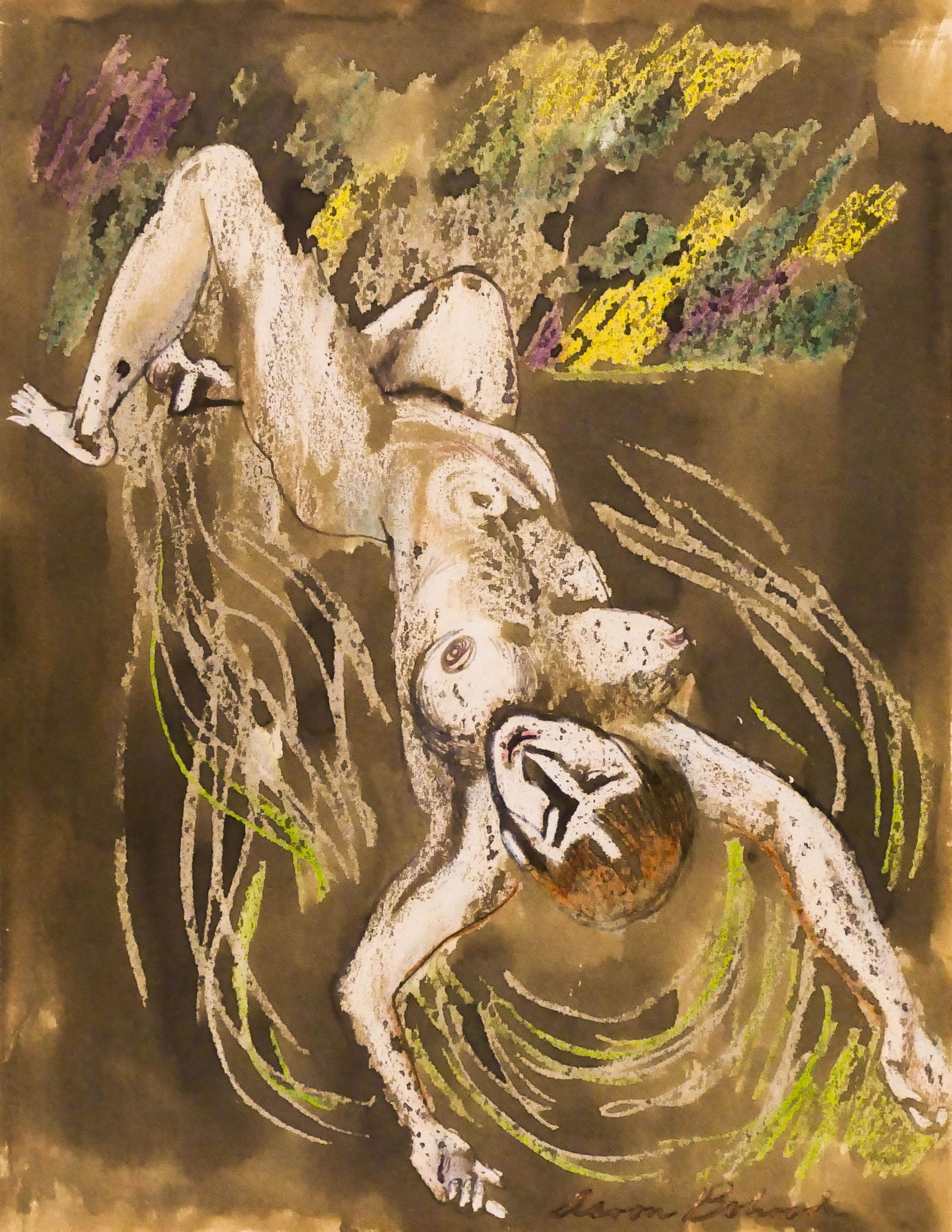 Aaron Bohrod (1907-1992 American) Sprawling Nude: Aaron Bohrod (1907-1992 American) Sprawling Nude Watercolor and Wax Crayon on Paper 11''x8.5'' Image. A sprawling female nude illustration that is published in color ''Aaron Bohrod: Figure Sketches''