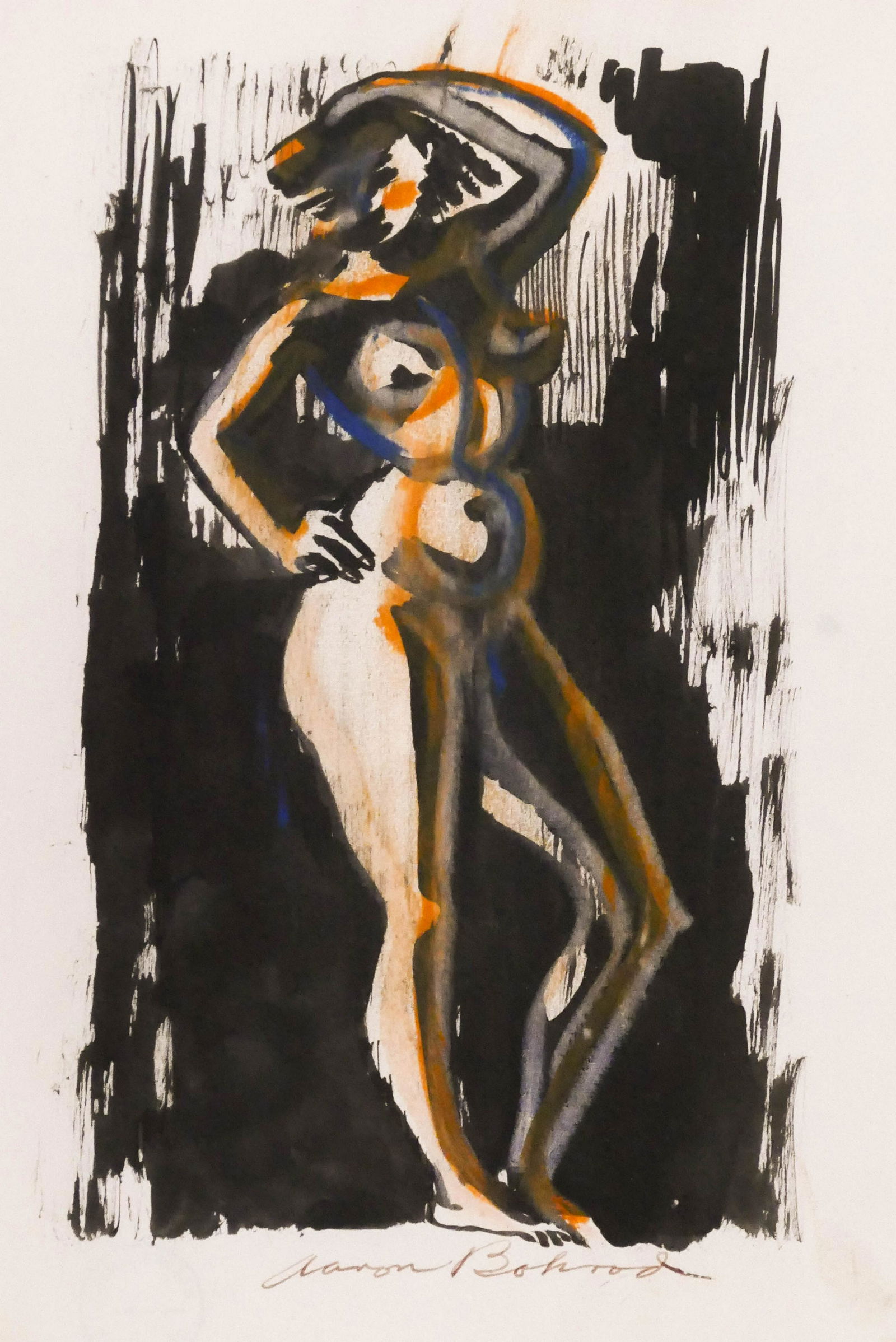 Aaron Bohrod (1907-1992 American) Standing Nude Ink and: Aaron Bohrod (1907-1992 American) Standing Nude Ink and Gouache on Paper 10.5''x7'' Image. A standing female nude illustration that is published in color ''Aaron Bohrod: Figure Sketches'' book page 12