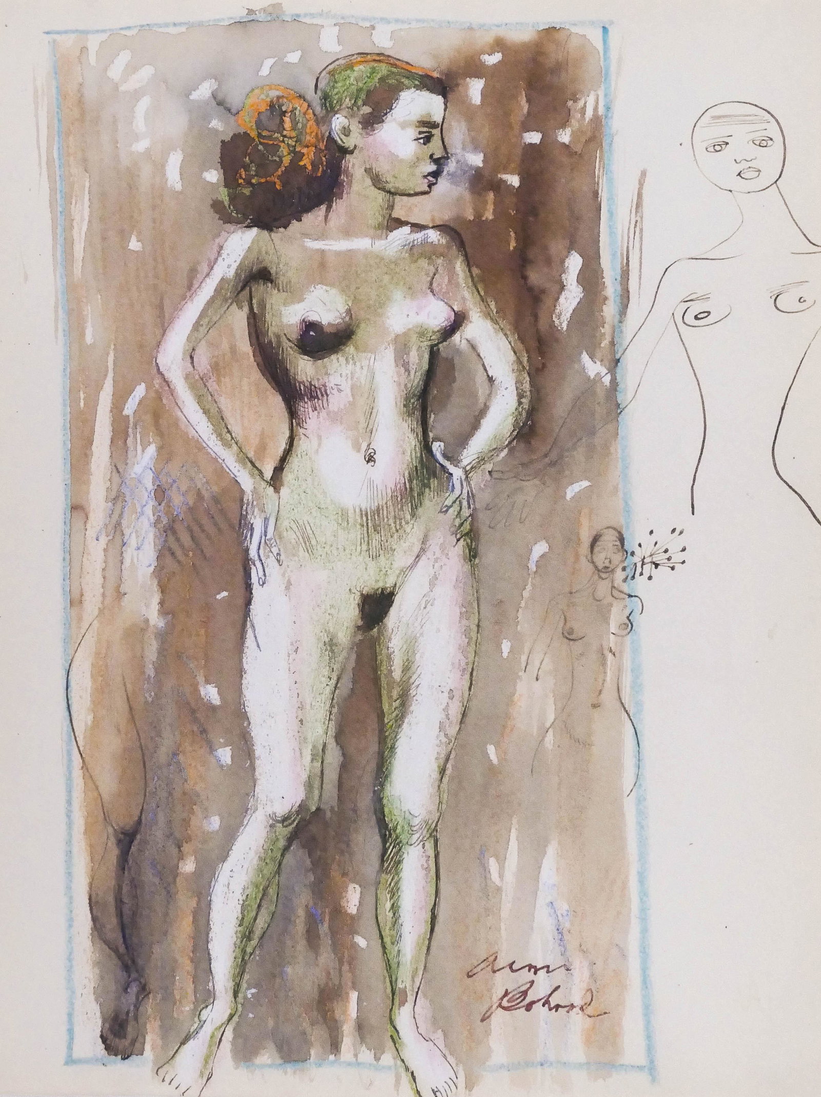 Aaron Bohrod (1907-1992 American) Standing Nude with: Aaron Bohrod (1907-1992 American) Standing Nude with Sketch Watercolor and Wax Crayon on Paper 11''x8.5'' Image. A standing female nude illustration that is published in color ''Aaron Bohrod: Figure S