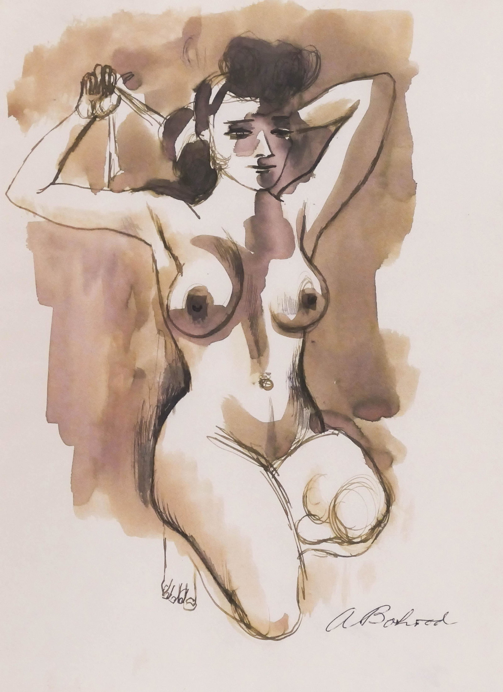 Aaron Bohrod (1907-1992 American) Kneeling Nude: Aaron Bohrod (1907-1992 American) Kneeling Nude Watercolor on Paper 10.5''x8.5'' Image. A standing female nude illustration that is published in color ''Aaron Bohrod: Figure Sketches'' book page 88. S