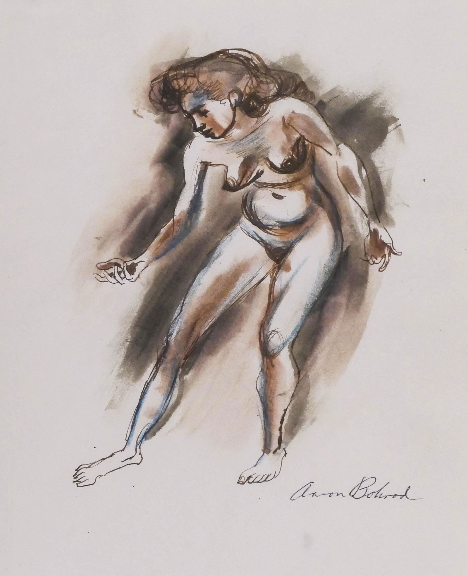 Aaron Bohrod (1907-1992 American) Nude Bent Over: Aaron Bohrod (1907-1992 American) Nude Bent Over Watercolor and Pastel on Paper 10.5''x8.5'' Image. A standing female nude illustration that is published in color ''Aaron Bohrod: Figure Sketches'' boo