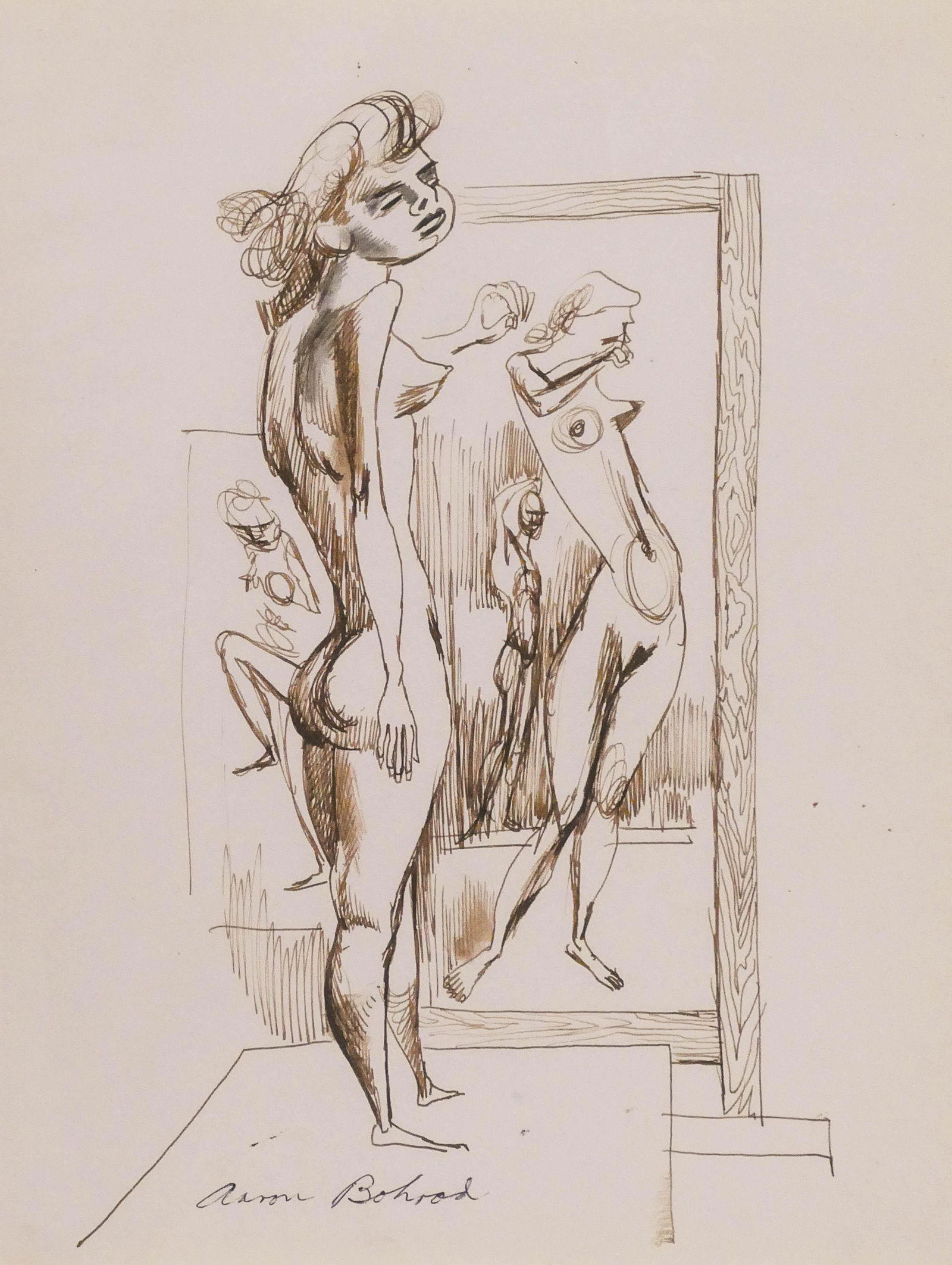 Aaron Bohrod (1907-1992 American) Nudes within Mirrors: Aaron Bohrod (1907-1992 American) Nudes within Mirrors Ink on Paper 10.5''x8.5'' Image. A standing female nude illustration that is published in ''Aaron Bohrod: Figure Sketches'' book on pages 174 and