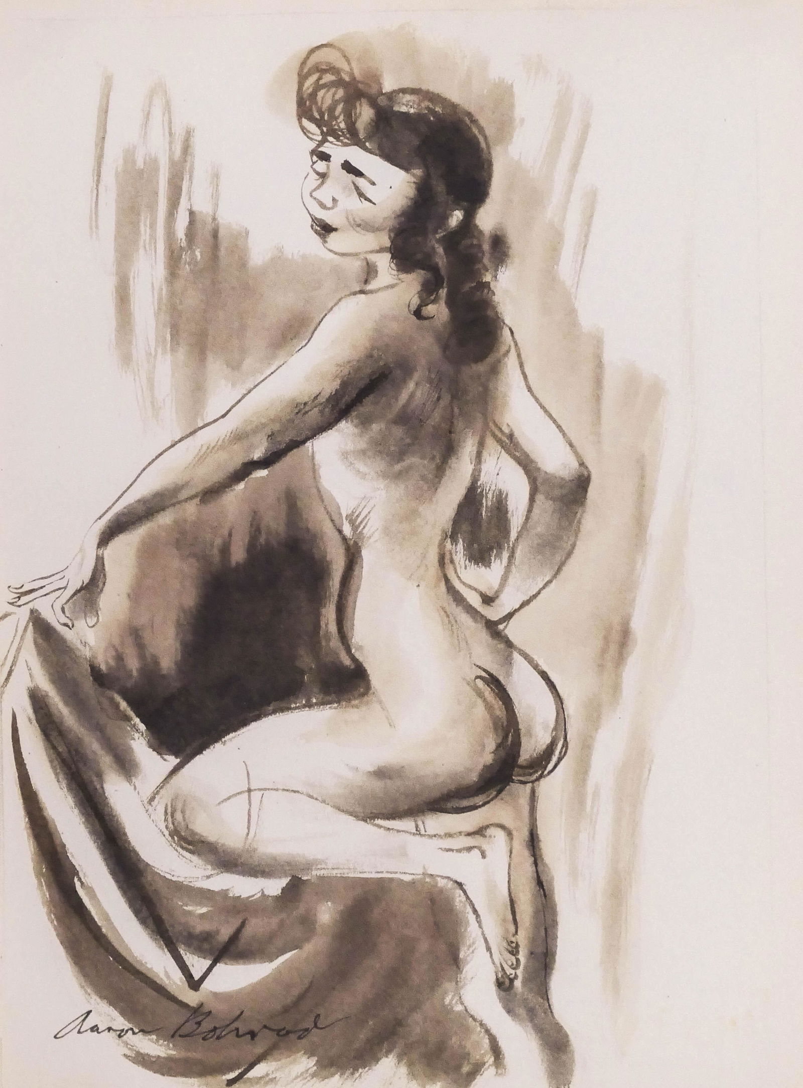 Aaron Bohrod (1907-1992 American) Kneeling Nude on: Aaron Bohrod (1907-1992 American) Kneeling Nude on Sheet Watercolor and Ink on Paper 10.5''x8.5'' Image. A kneeling female nude illustration that is published in ''Aaron Bohrod: Figure Sketches'' book